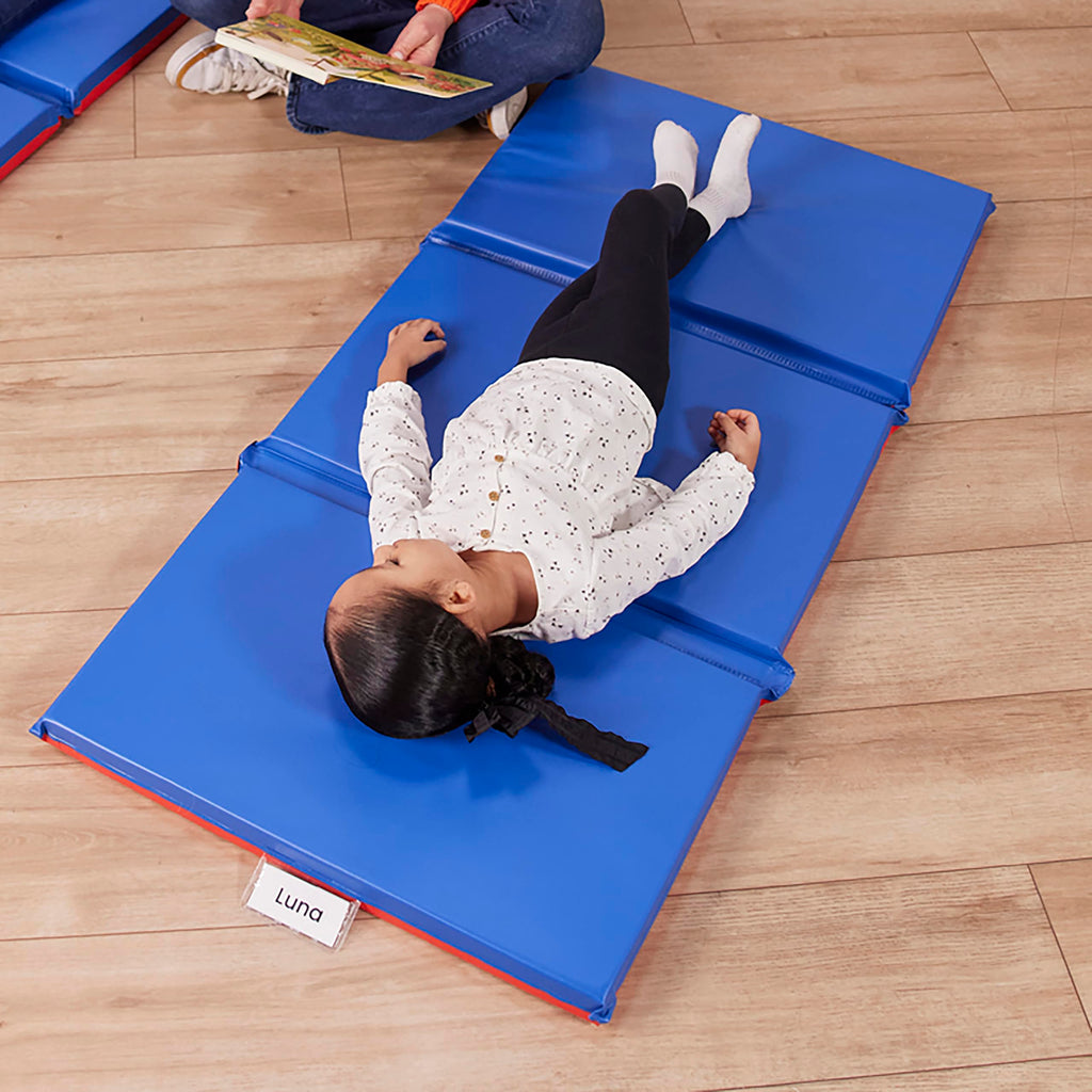 ECR4Kids Premium Folding Rest Mat, 3-Section, 2in, Sleeping Pad, Blue/Red