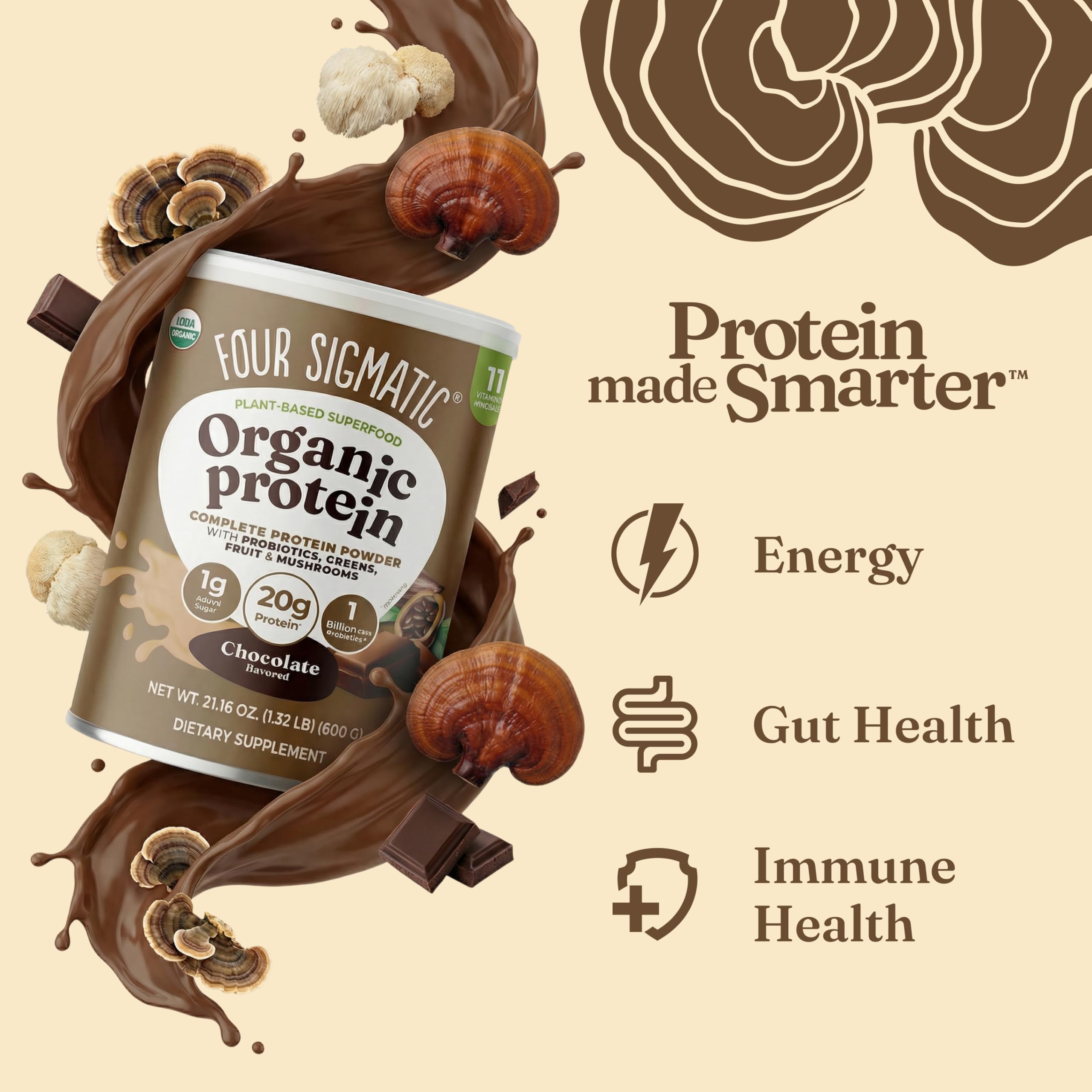 Four Sigmatic Organic Plant-Based Protein Powder | Clean Vegan Protein Elevated with Lion’s Mane, Chaga, Cordyceps and More for Brain Function and Immune Support | Creamy Cacao, 21.16 oz