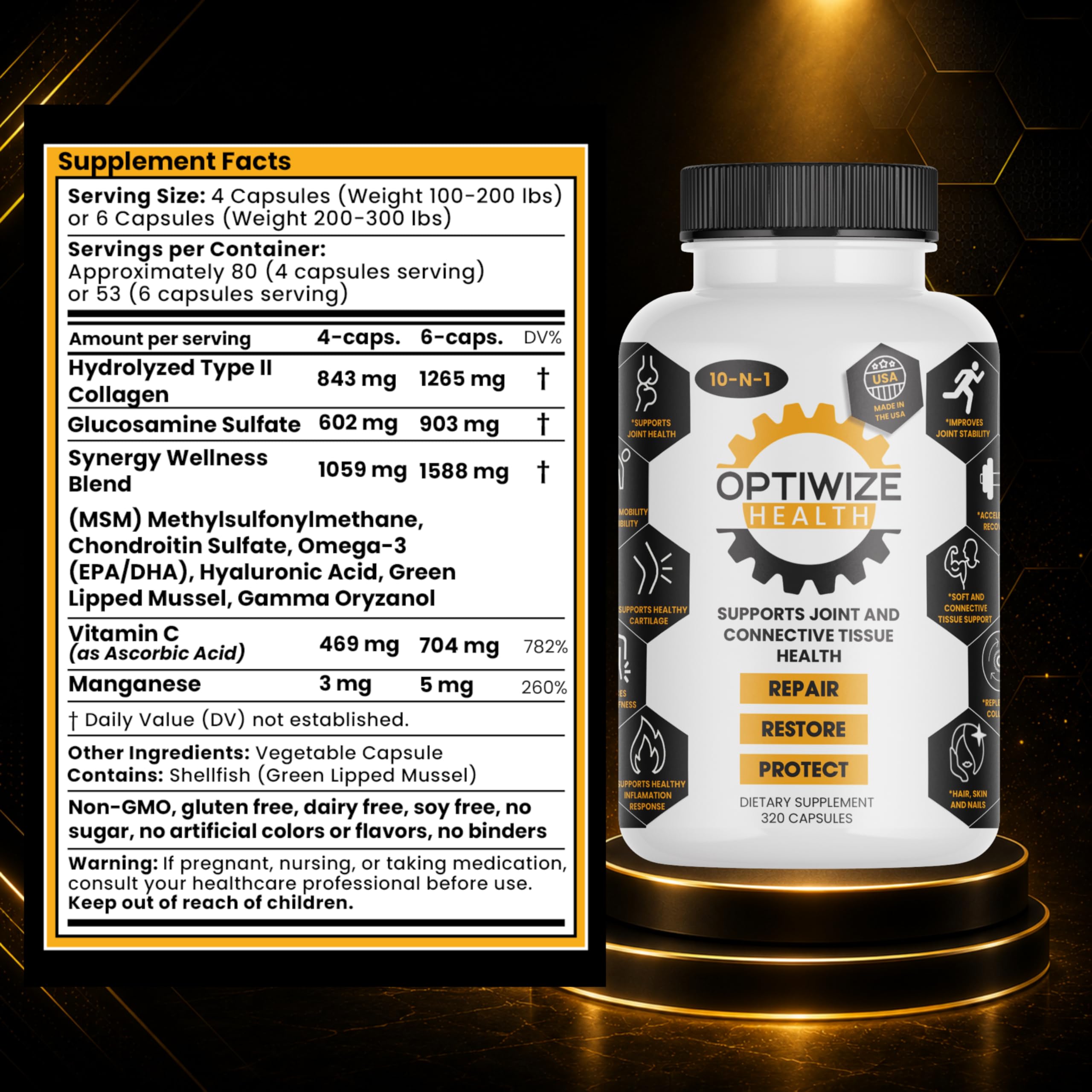 OptiWize 10-in-1 Joint Support Supplement, 320 Capsules | Glucosamine, Chondroitin, MSM, Type II Collagen, Hyaluronic Acid, Green Lipped Mussel & Omega-3, Mobility & Flexibility