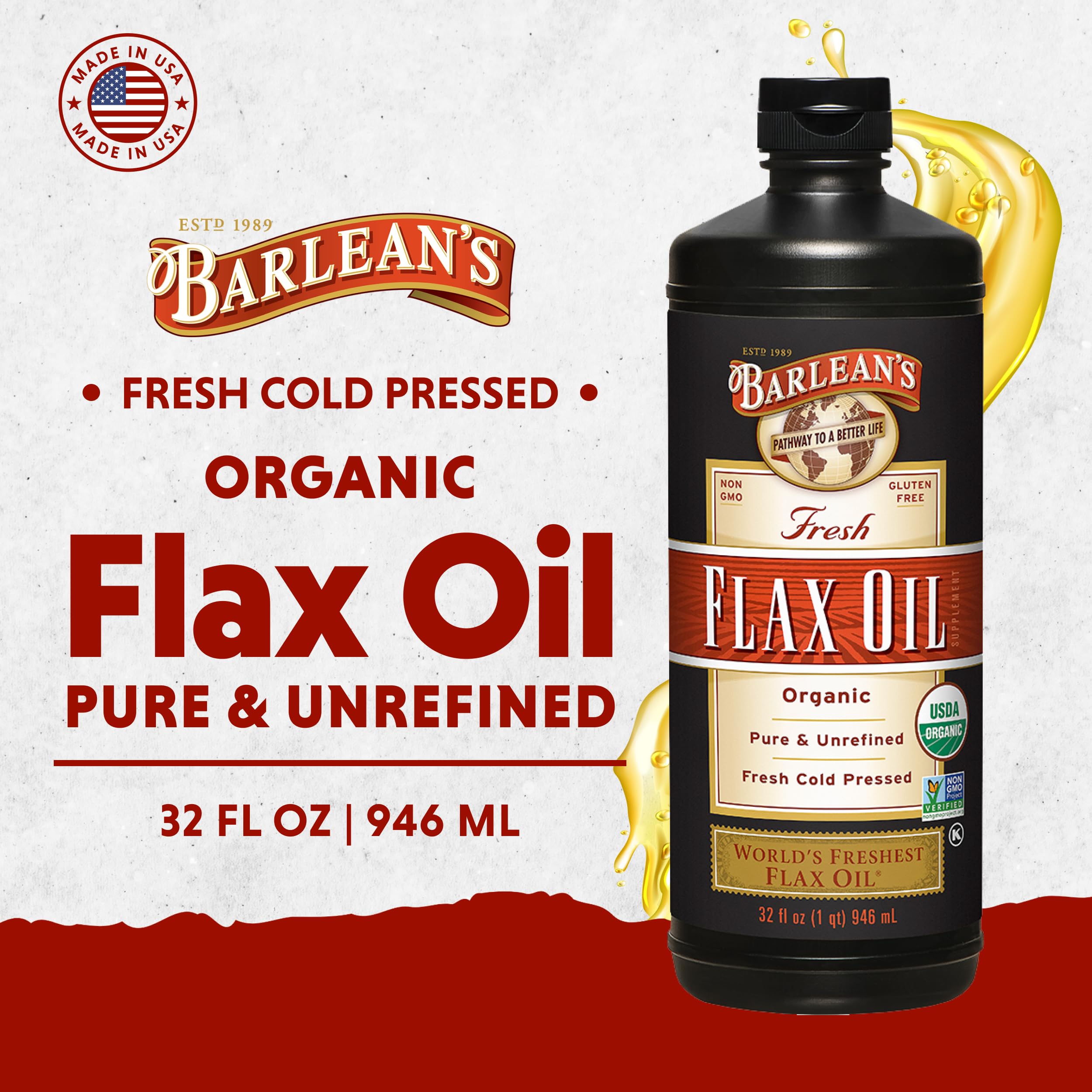 Barlean's Organic Flaxseed Oil, 7640mg ALA Omega-3, Cold-Pressed, 32oz | Fresh cold-pressed flax seeds, ALA omega 3-6-9, Vegan, Non-GMO, Gluten-free, Unrefined, 32 oz value size, Heart & skin