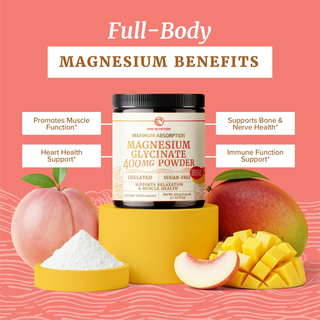 Magnesium Glycinate Powder 400MG, Sleep & Relaxation Support, Sugar-Free | Tasty Peach Mango Flavor, High Absorption Chelated Magnesium Powder, Vegan, Gluten-Free, Non-GMO, 30 Servings, 225g (7.94oz)