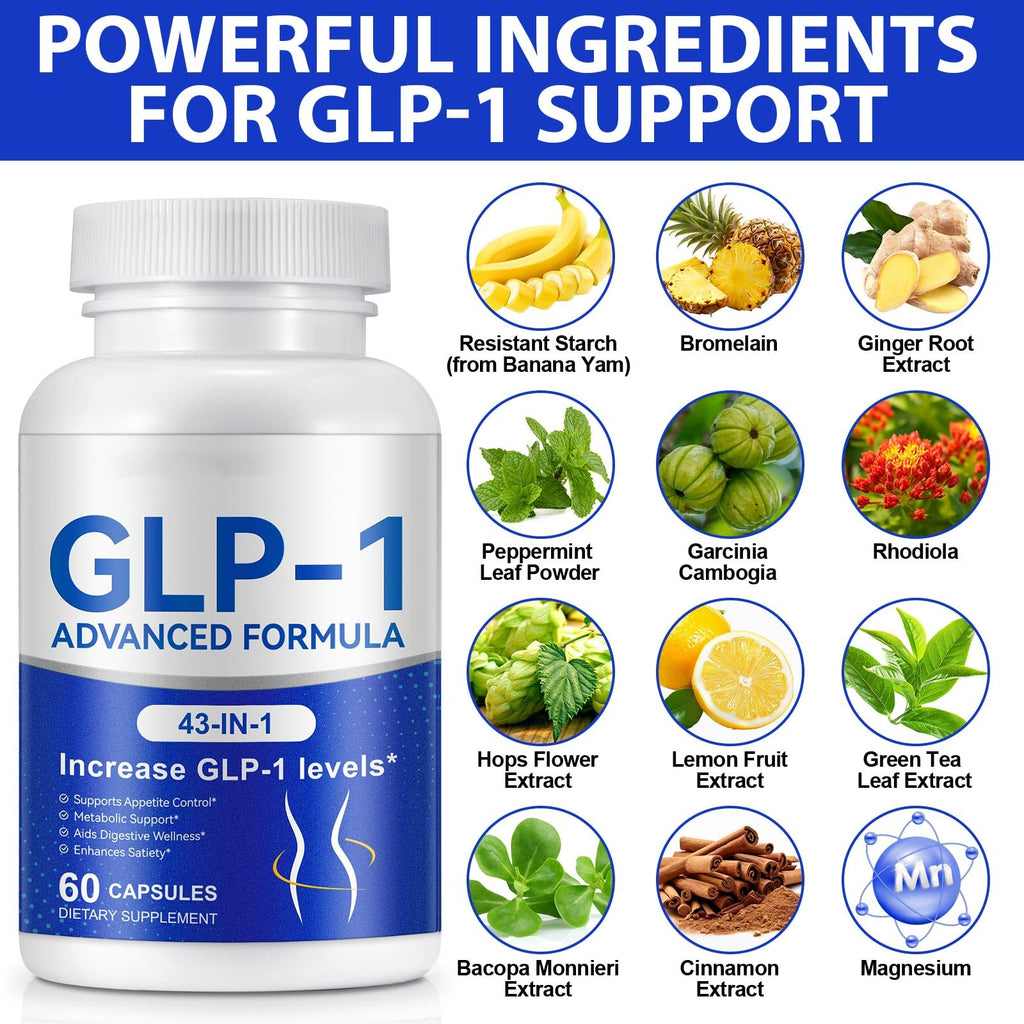 GLP-1 Supplement for Women & Men, 43-in-1 Natural Complex to Boost GLP-1 Levels, Support Appetite Control, Satiety, Metabolism & Digestive Health, Probiotic Nutritional Supplements - 60 Capsules
