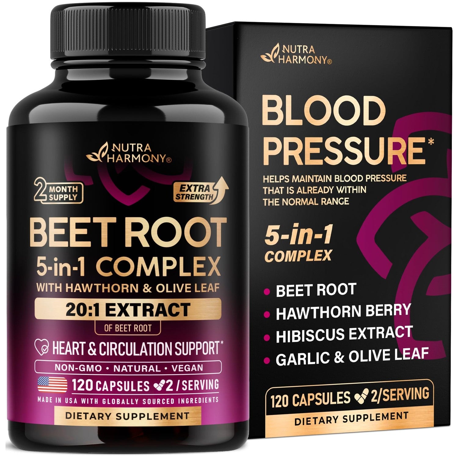 Beet Root Capsules - Healthy Blood Pressure Support Supplement** - 120 Caps | Beet Root for Heart & Circulation Support for Men & Women - with Hawthorn Berry, Hibiscus & Garlic - Nitric Oxide for Energy