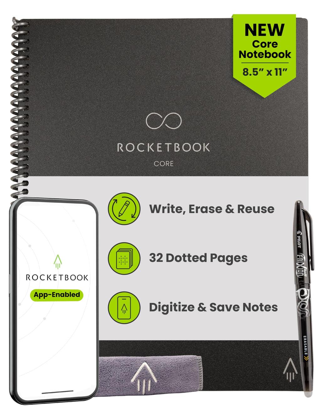 Buy now Rocketbook Core Reusable Spiral Notebook, Letter Size 8.5x11, Black - Dotted Pages, App-Connected, Erasable, Durable Cover, Ideal for School, Work, and Creative Projects at indiglob india
