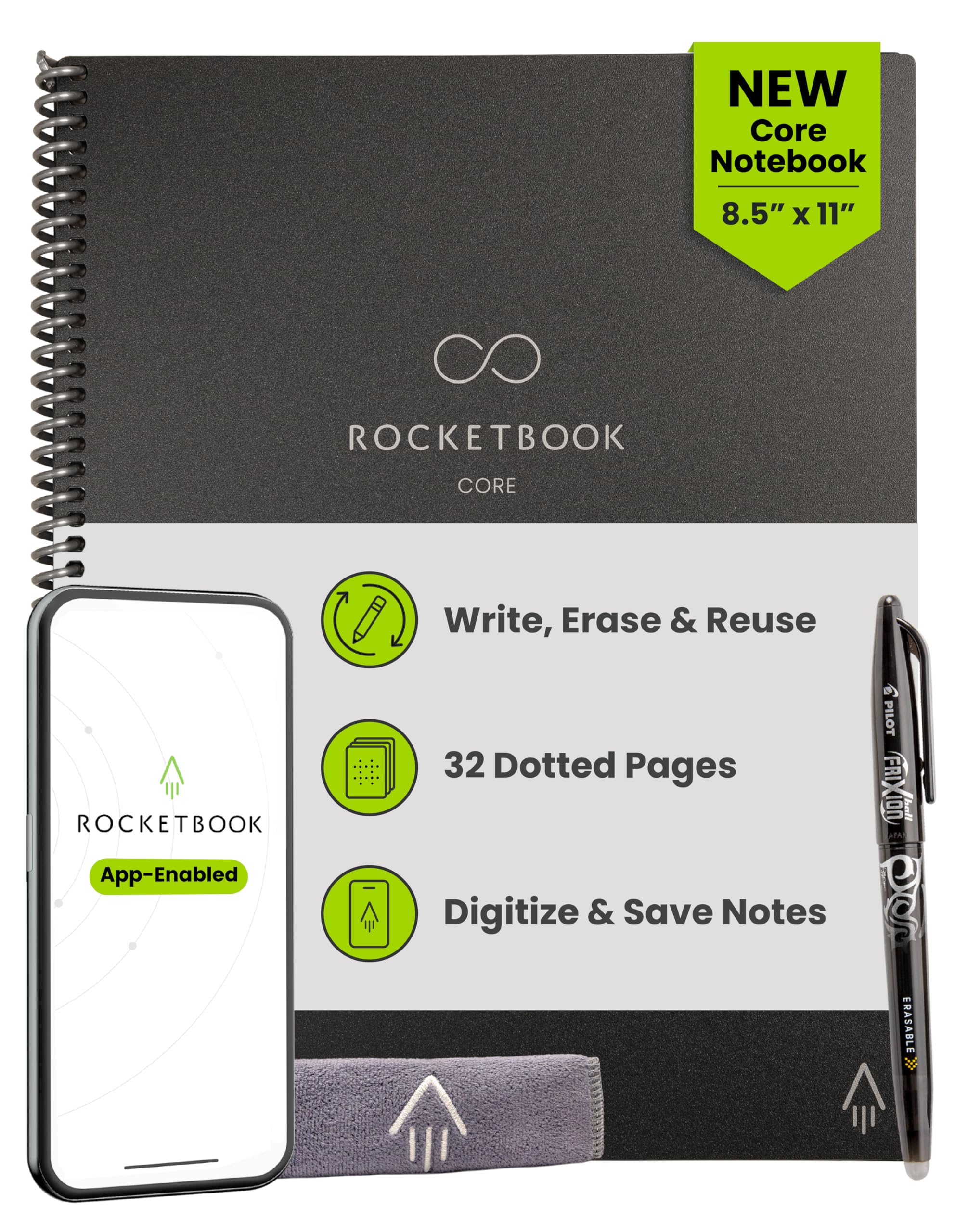 Buy now Rocketbook Core Reusable Spiral Notebook, Letter Size 8.5x11, Black - Dotted Pages, App-Connected, Erasable, Durable Cover, Ideal for School, Work, and Creative Projects at indiglob india
