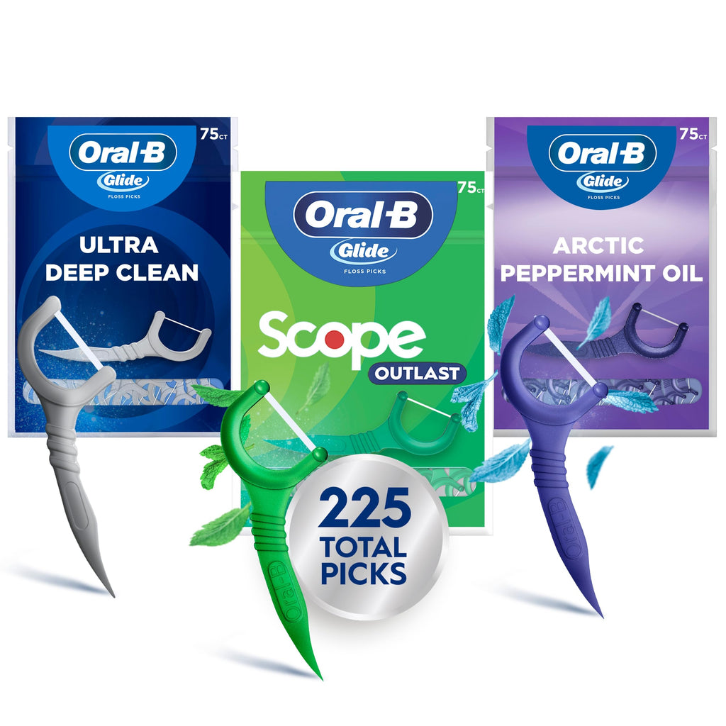 Oral-B Glide Dental Floss Picks Variety Pack with Scope Outlast, Arctic Peppermint Oil, & Ultra Deep Clean, Value Pack 225ct (75 Count per Pack, Pack of 3)