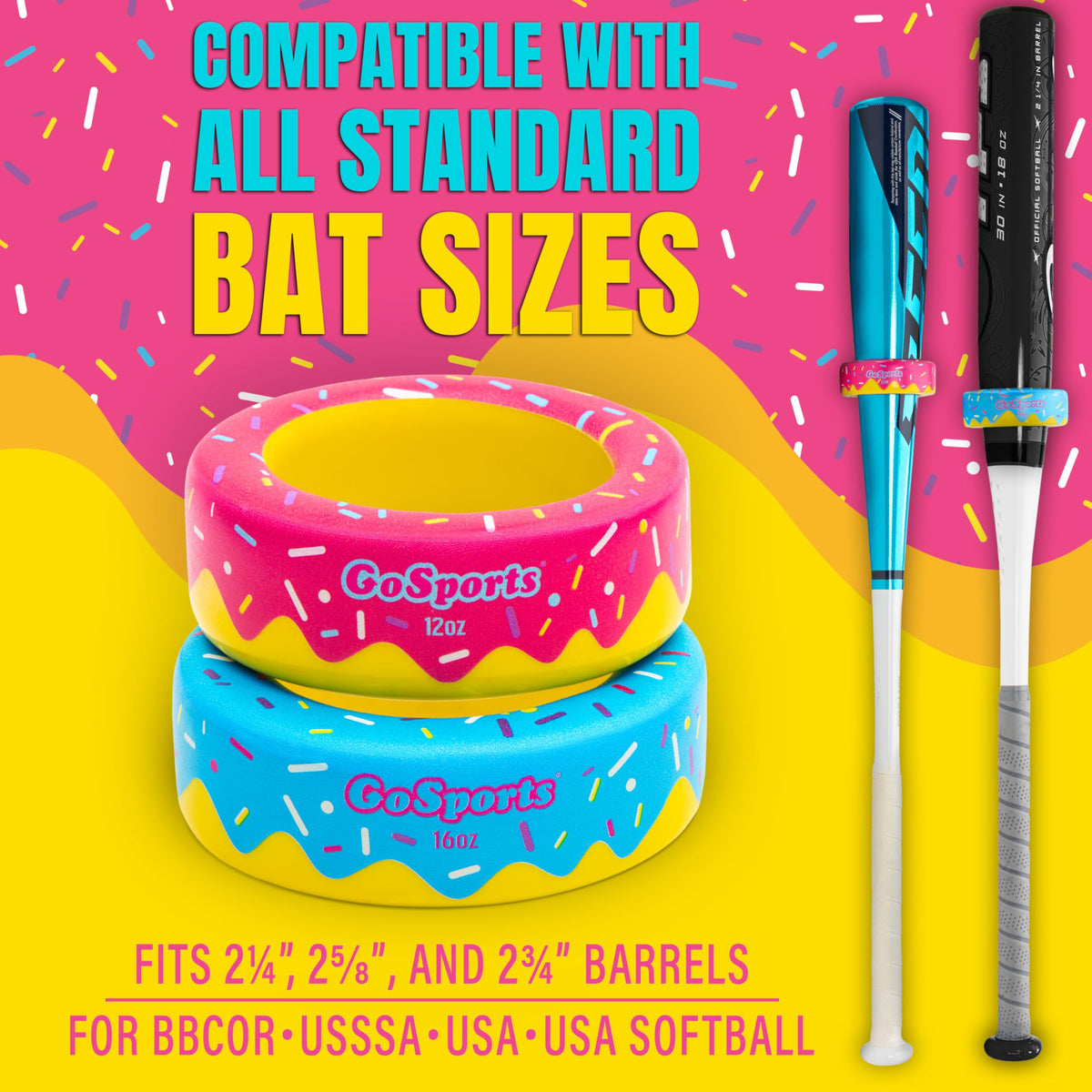 GoSports Baseball and Softball Bat Donuts - 2 Pack Baseball Drip Bat Weights - 16 oz & 12 oz