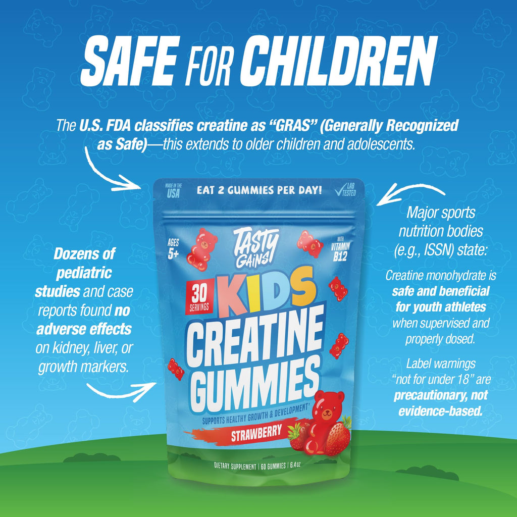 TASTY GAINS Kids & Teen Creatine Gummies with Vitamin B12 for Advanced Growth Support, Youth Sports Performance & Cellular Muscle Hydration Chewables, Ages 5+ (Strawberry, 60 Count)