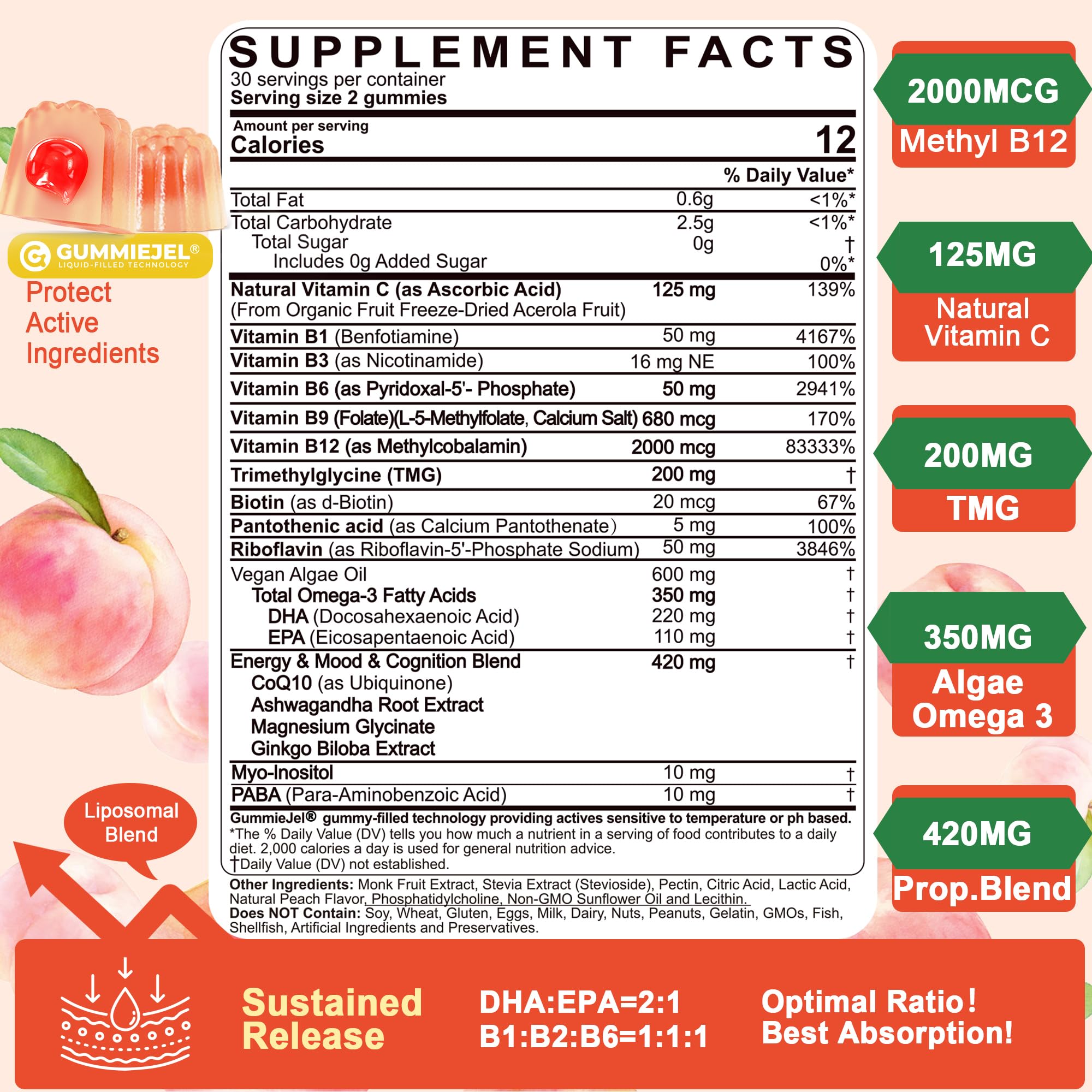 Super Vitamin B Complex Filled Gummies for Women Men, Methylated w/Omega 3 | Magnesium, CoQ10, Ashwagandha, Vitamin C, TMG -All B - B1, B2, B3, B5, B6,B7,B9,Methyl B12, Inositol, PABA, Sugar Free, 2Pack