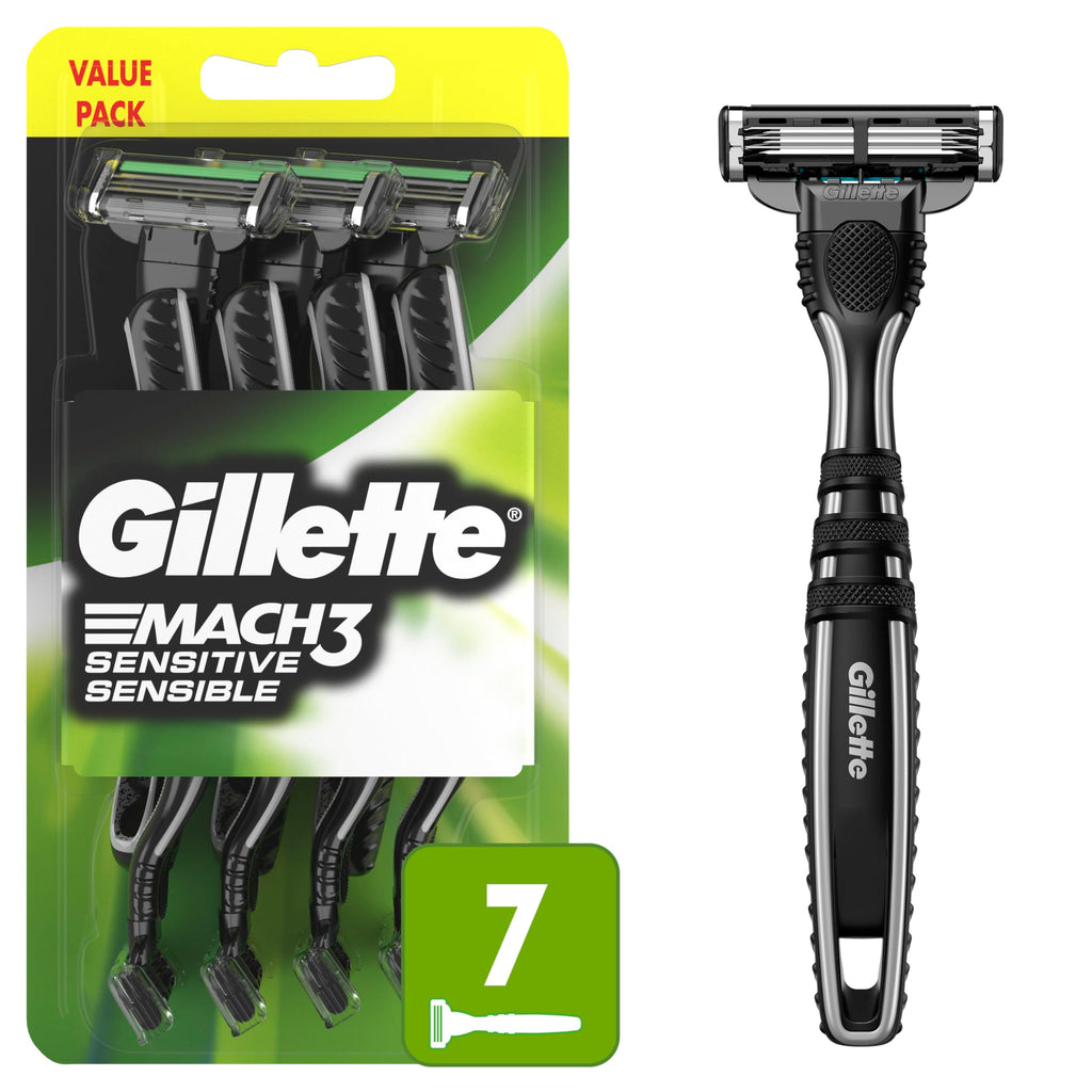 Buy now Gillette Mach3 Sensitive Razors for Men, Menâ€™s Disposable Razors, Pivoting Head for Close and Comfortable Shave, 7 Count at indiglob india