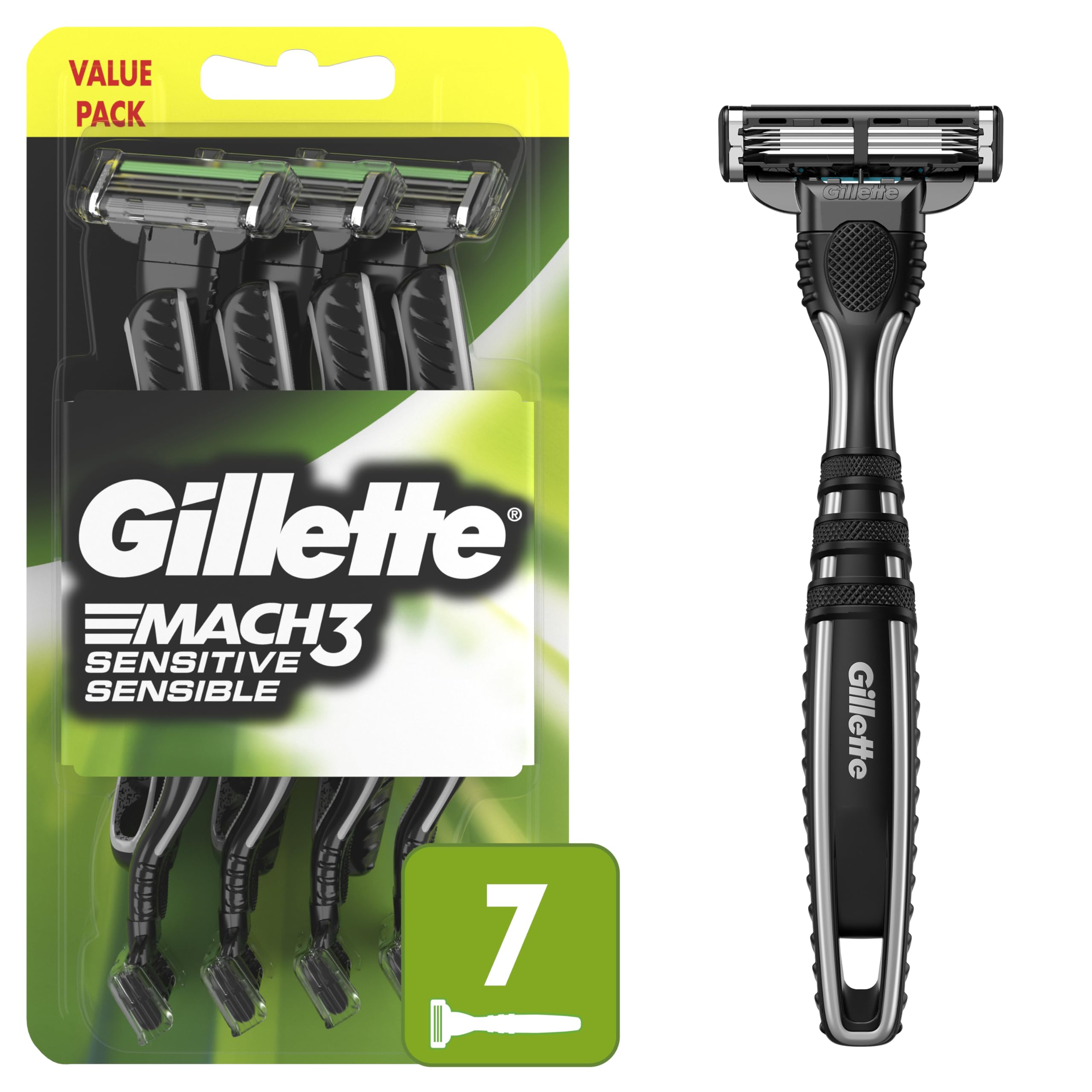 Buy now Gillette Mach3 Sensitive Razors for Men, Menâ€™s Disposable Razors, Pivoting Head for Close and Comfortable Shave, 7 Count at indiglob india