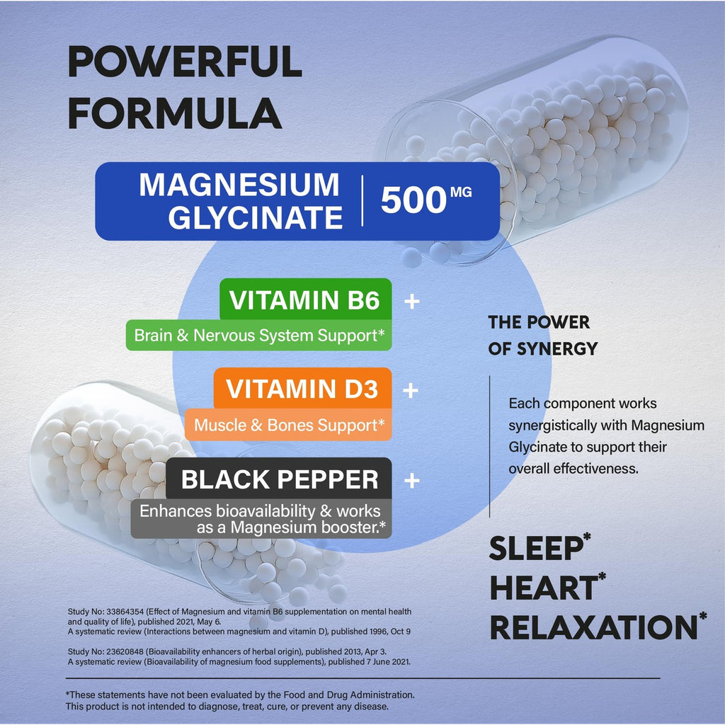 Magnesium Glycinate 500mg - VIT. B6 & D3 - Sleep, Muscle & Heart - 120 Caps | Magnesium Bisglycinate - Chelated High Absorption with Black Pepper - Magnesium for Women & Men - Lab Tested & Non-GMO