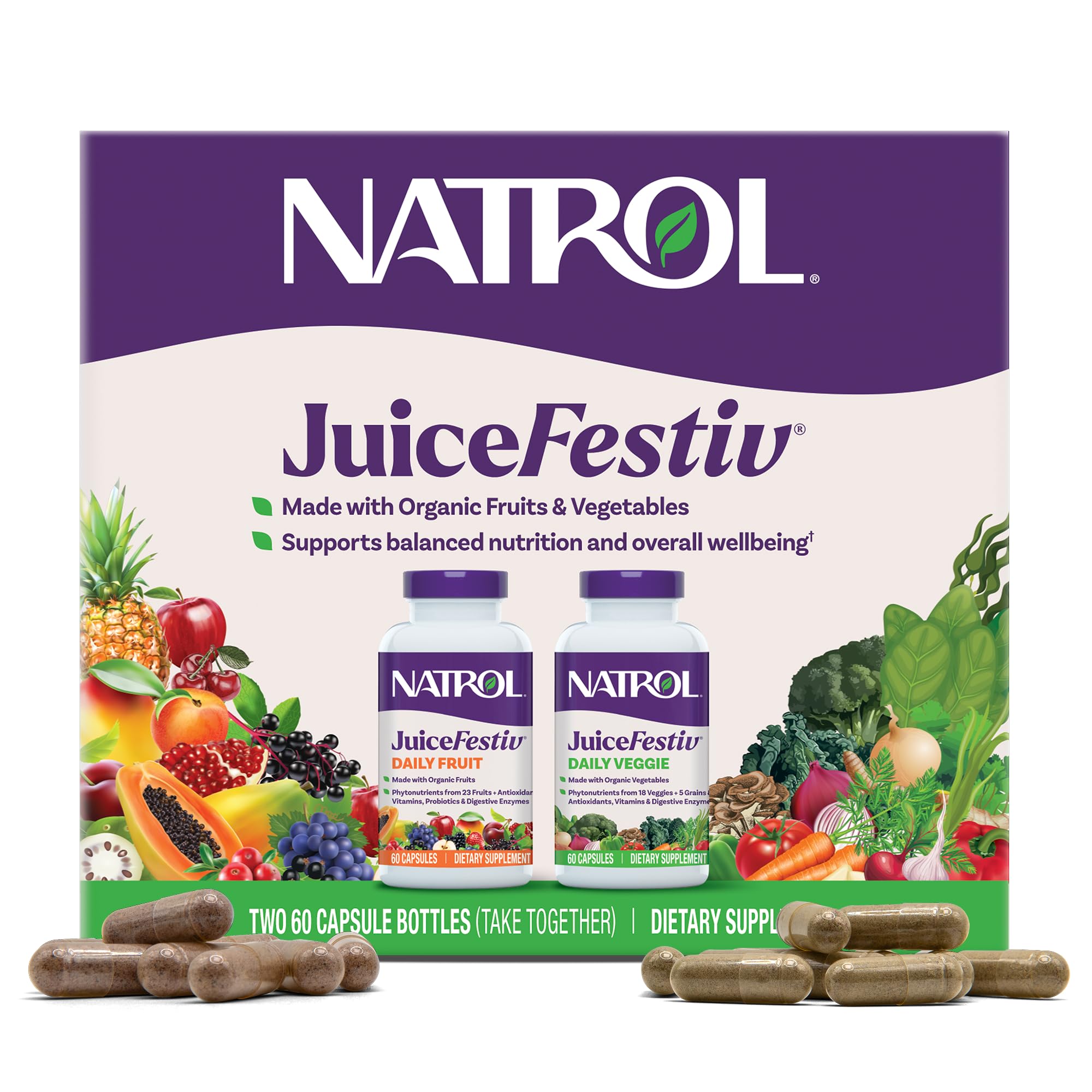 Natrol JuiceFestiv Vitamins and Supplements, 60 Capsules (2-Count) | For Nutrition & Well-being, Antioxidants for Cellular Health, Daily Fruit & Veggie Capsules, 120 Capsules, 30 Day Supply