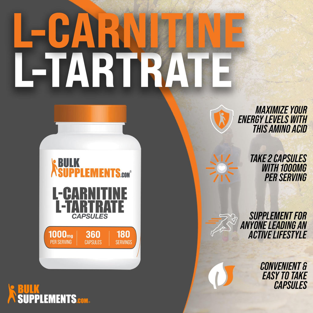BulkSupplements.com L-Carnitine L-Tartrate Capsules - Carnitine Supplement, L Carnitine 1000mg Capsules - L-Carnitine Tartrate, Gluten Free - 2 Capsules per Serving, 360 Capsules (Pack of 1)