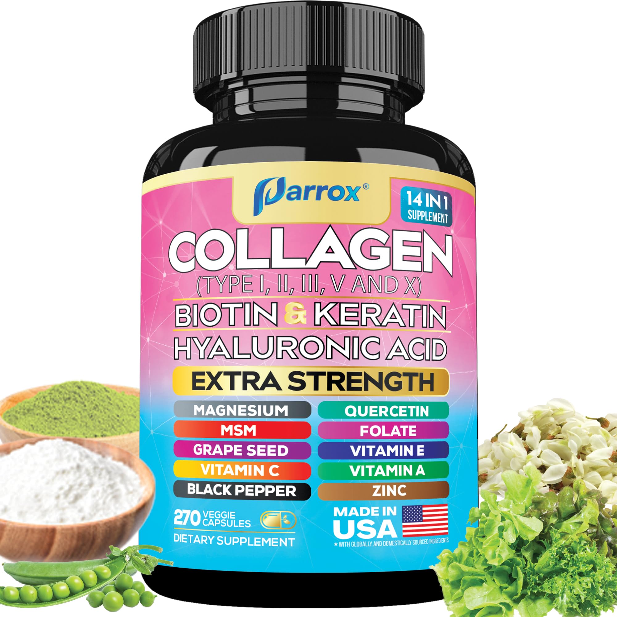 Collagen Peptides Types I, II, III, V & X, Biotin & Keratin, 270 Capsules | With Biotin, Keratin, Hyaluronic Acid, MSM, Zinc, Quercetin, Vitamins A, C, E, Magnesium & Folic Acida