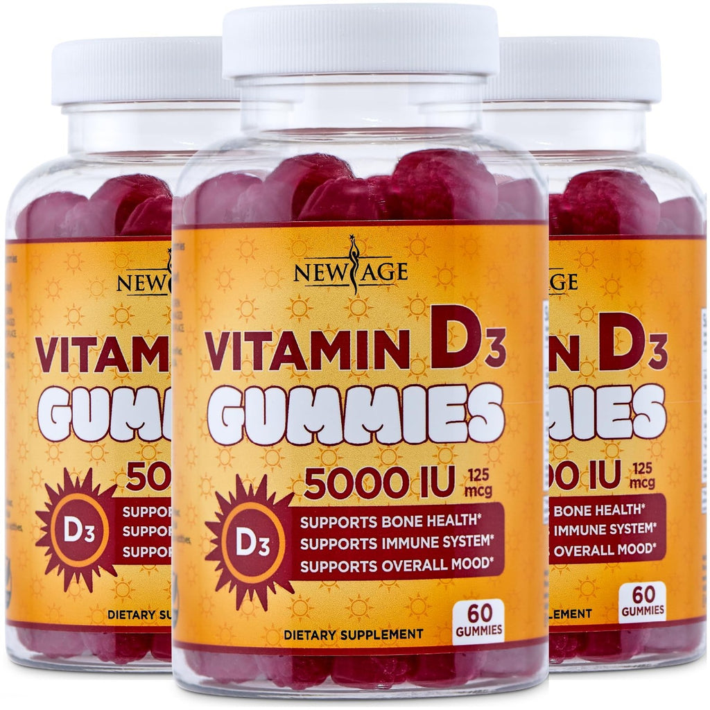 NEW AGE Vitamin D3 5000 IU 125mcg Gummies - Immune Supplement - Non-GMO, Gluten-Free, Dairy-Free, No Gelatin (120 Gummies (Pack of 2))
