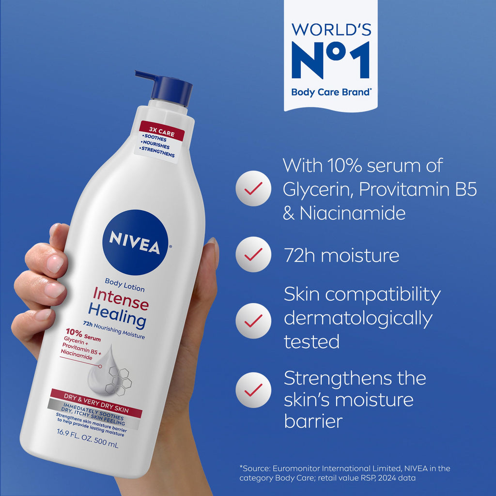 NIVEA Intense Healing Body Lotion, 72-Hour Moisturizing Lotion,16.9 FL OZ | Moisturizing Lotion with Glycerin, Provitamin B5 and Niacinamide, For Very Dry, Itchy Skin Relief, Dermatologically Tested