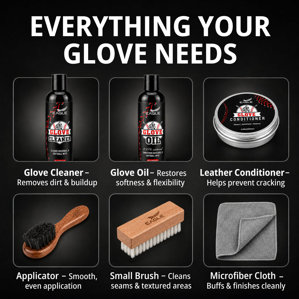 Eagle Baseball Glove Care Kit – Glove Cleaner (8oz), Oil (8oz), Conditioner (3.38oz), 2 Applicators & Cloth – Complete Leather Glove Maintenance Kit for Baseball, Softball, Catcher’s Mitts & More