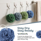 Rnoafmu Shower Loofah Bath Sponge 4 Pack, 60G Exfoliating Body Scrubber | Luffa Mesh Shower Pouf Balls for Men and Women, Rich Lather with Body Wash, Bath Accessories (Blue Gray Green Dark Green)