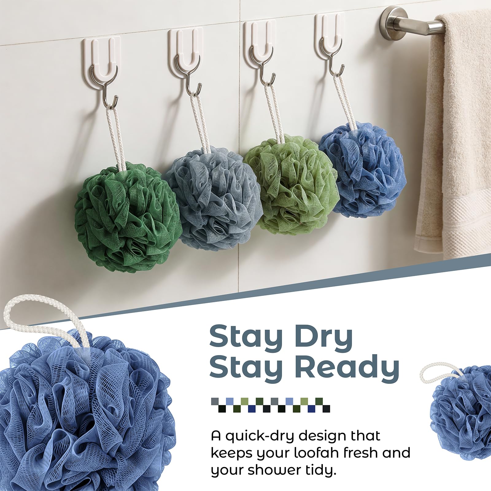 Rnoafmu Shower Loofah Bath Sponge 4 Pack, 60G Exfoliating Body Scrubber | Luffa Mesh Shower Pouf Balls for Men and Women, Rich Lather with Body Wash, Bath Accessories (Blue Gray Green Dark Green)