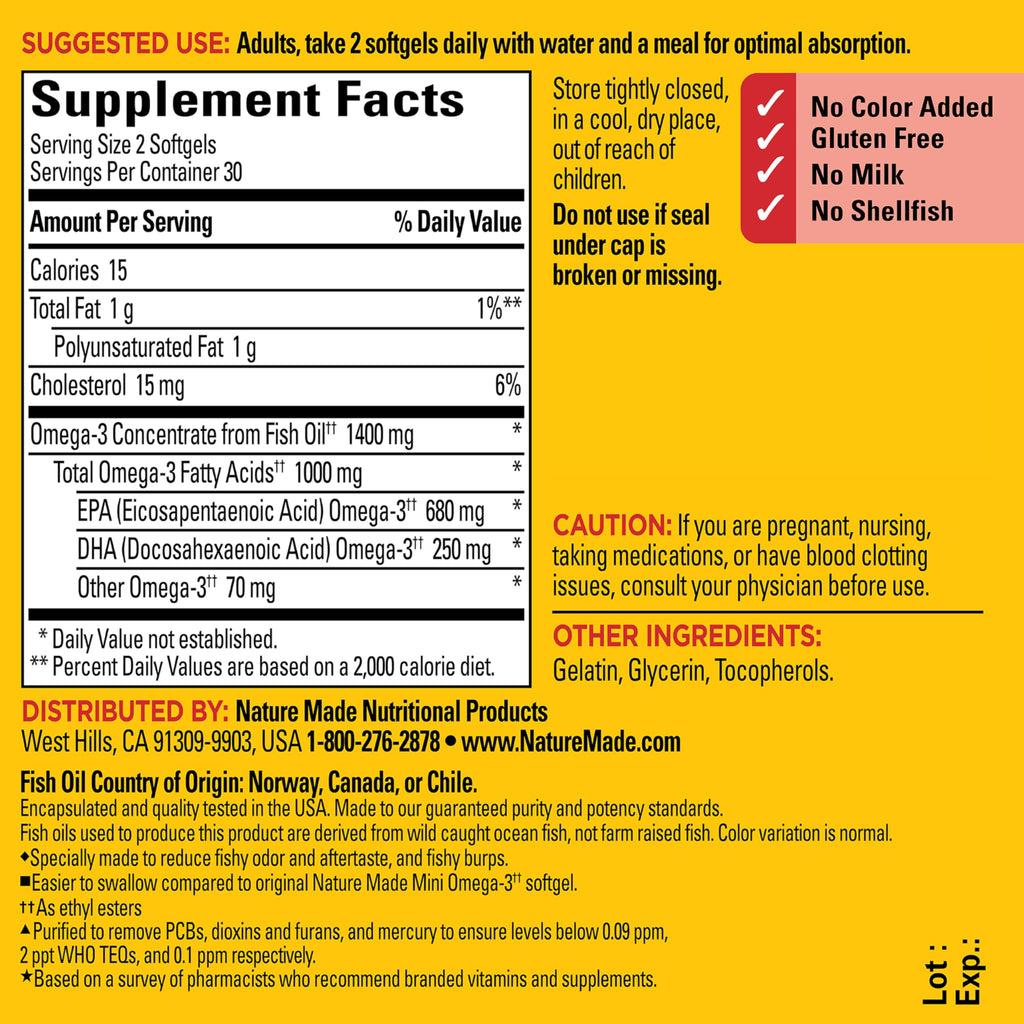 Nature Made Burp Less Fish Oil Omega 3, 1400 mg Minis, 60 Softgels | Extra Strength Dosage Omega 3 Supplements, Omega 3 Fish Oil as Ethyl Esters for Healthy Heart, Brain, Eye Support, 30 Days
