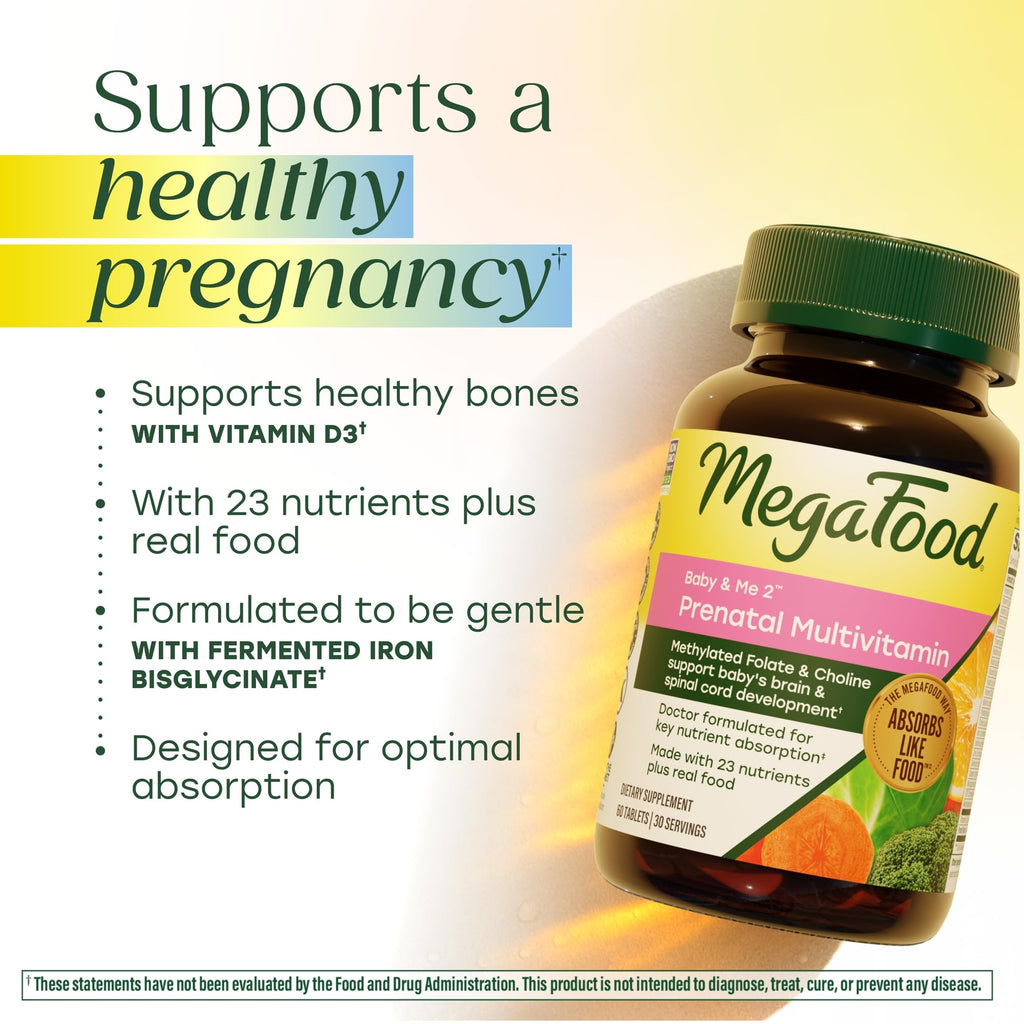 MegaFood Baby & Me 2 Prenatal Vitamins, Doctor Formulated, 60 Tablets | Prenatal Vitamins for Women with Methylfolate, Choline, Iron, Iodine, Vitamin C & D3, Non-GMO, Vegetarian, 30 Servings
