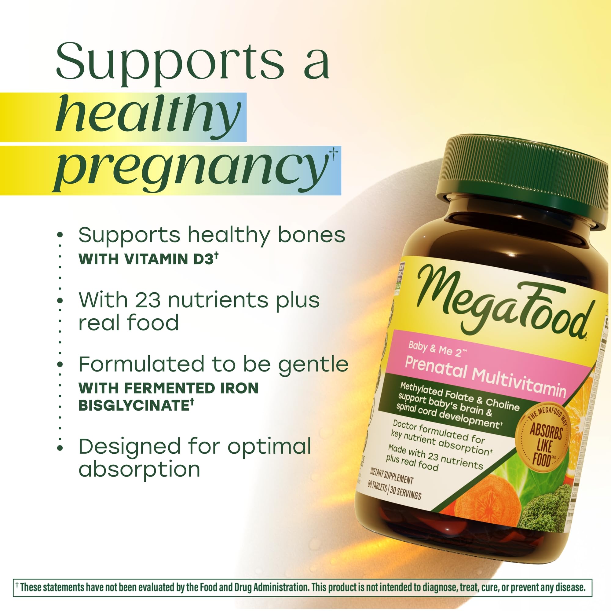 MegaFood Baby & Me 2 Prenatal Vitamins, Doctor Formulated, 60 Tablets | Prenatal Vitamins for Women with Methylfolate, Choline, Iron, Iodine, Vitamin C & D3, Non-GMO, Vegetarian, 30 Servings