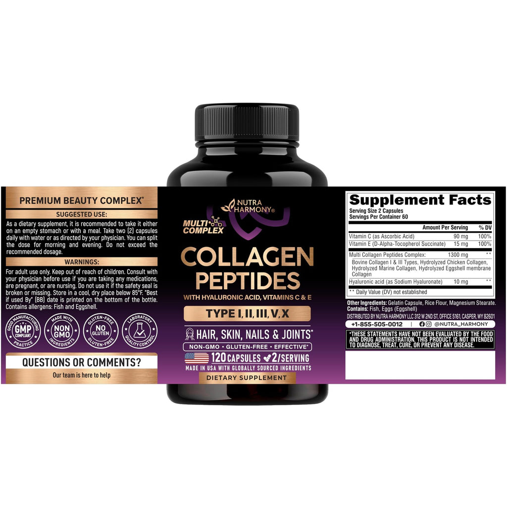 Multi Collagen Peptides 1300mg - Hydrolyzed Types I II III V & X - 120 Caps | Collagen Supplements for Women + Hyaluronic Acid, Vitamin C & E - Skin Hair Nails & Joint Support - Lab Tested, 60-Day Supply
