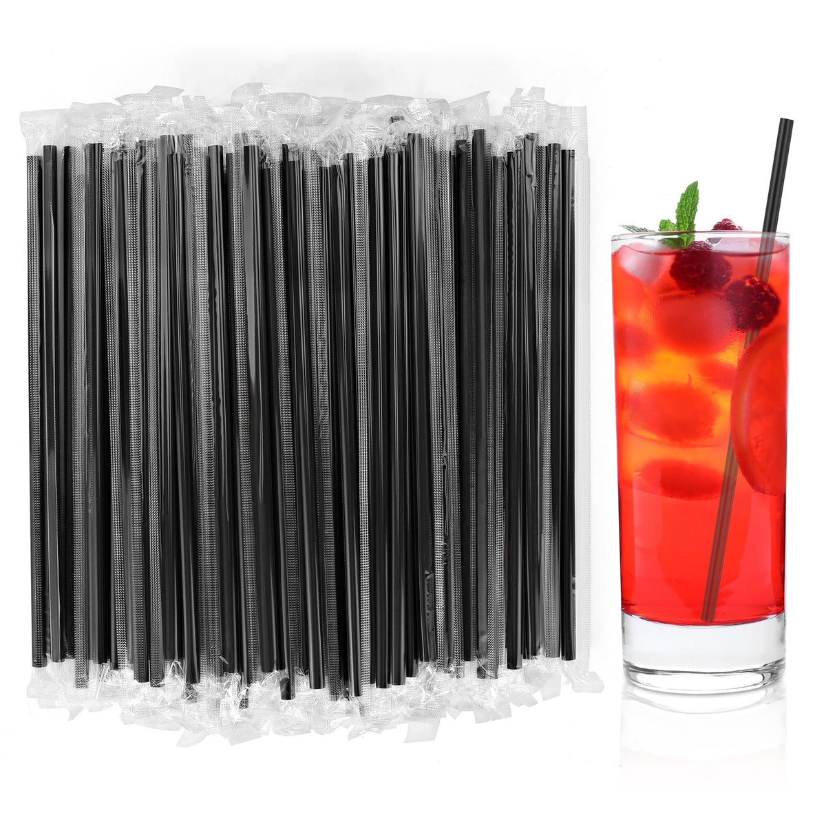 100Pcs Disposable Plastic Straws - Individually Wrapped Black Straws