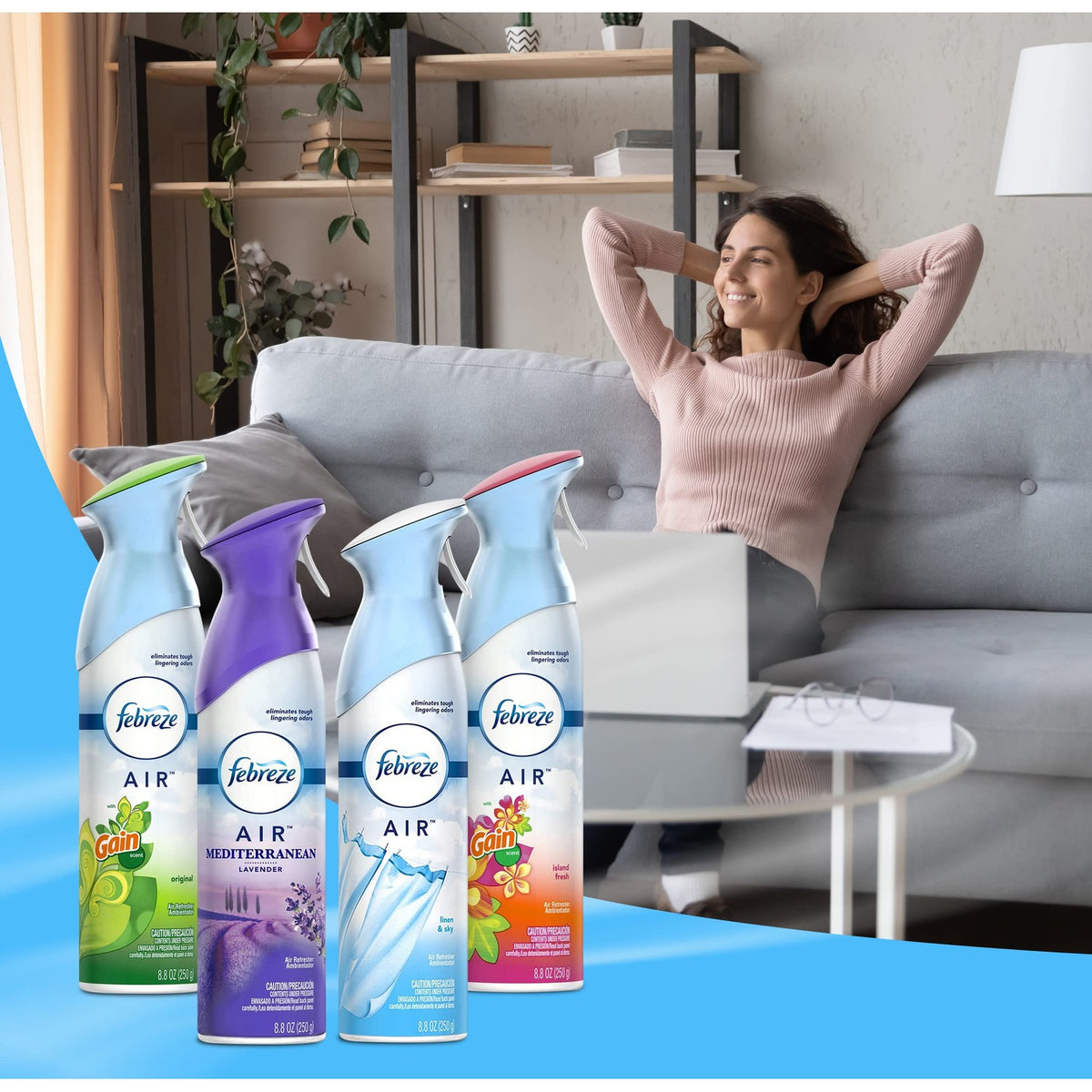 Febreze Air Freshener Odor Eliminator Spray, Assorted Scent Febreze & Bathroom Deodorizer, Original, Island Fresh, Linen Sky & Lavender, 4 Pack