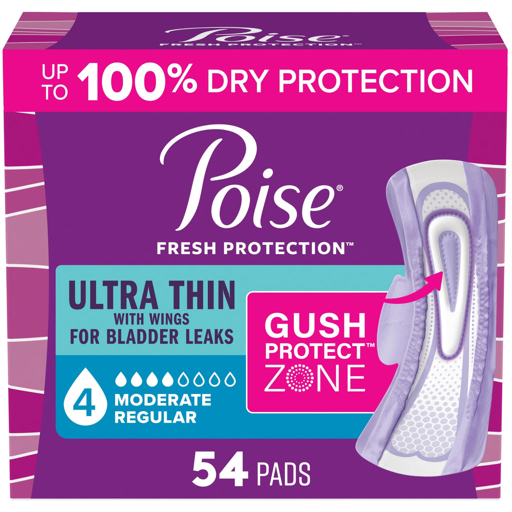 Poise Ultra Thin Incontinence Pads for Women, 4 Drop, Wings, 54 ct