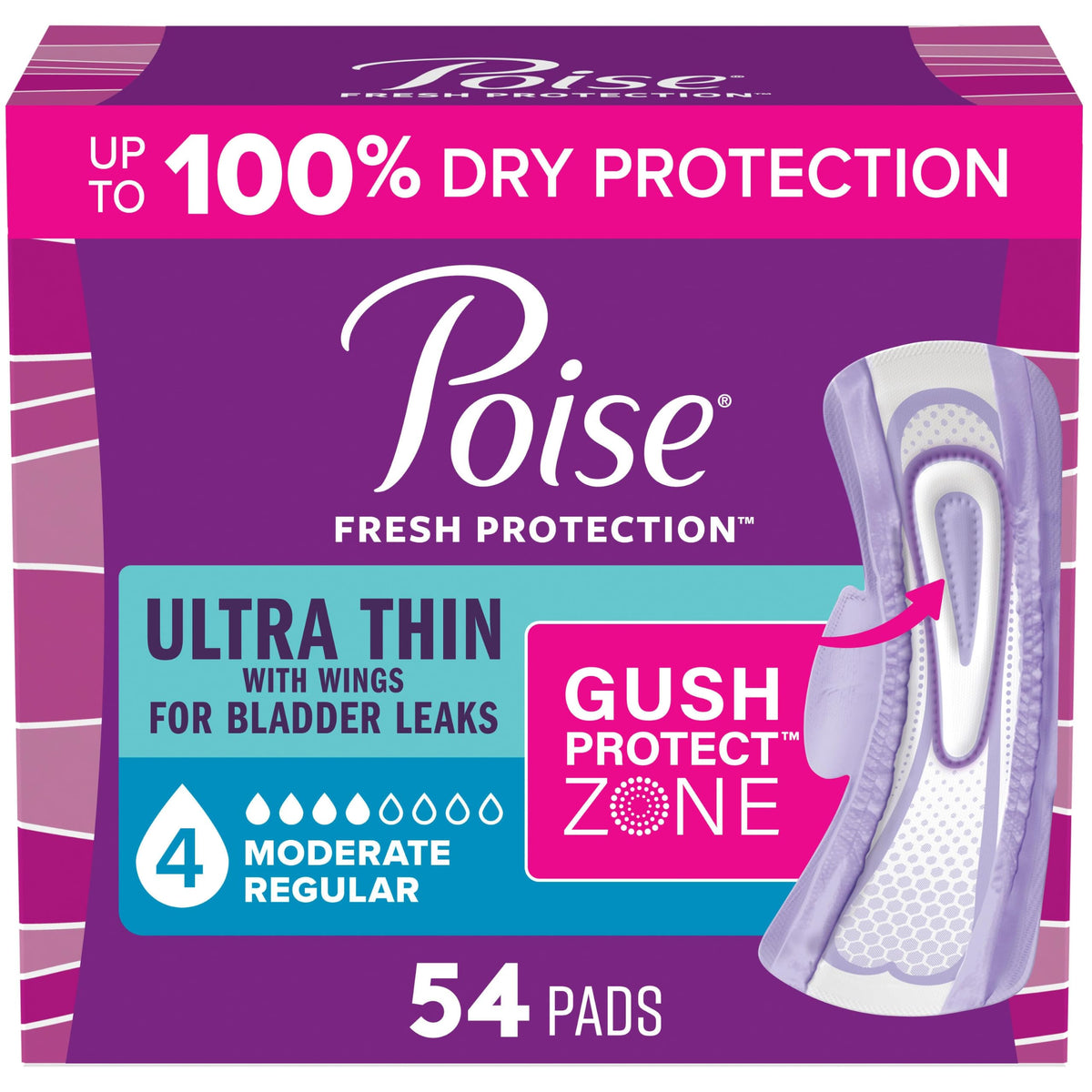 Poise Ultra Thin Incontinence Pads for Women, 4 Drop, Wings, 54 ct