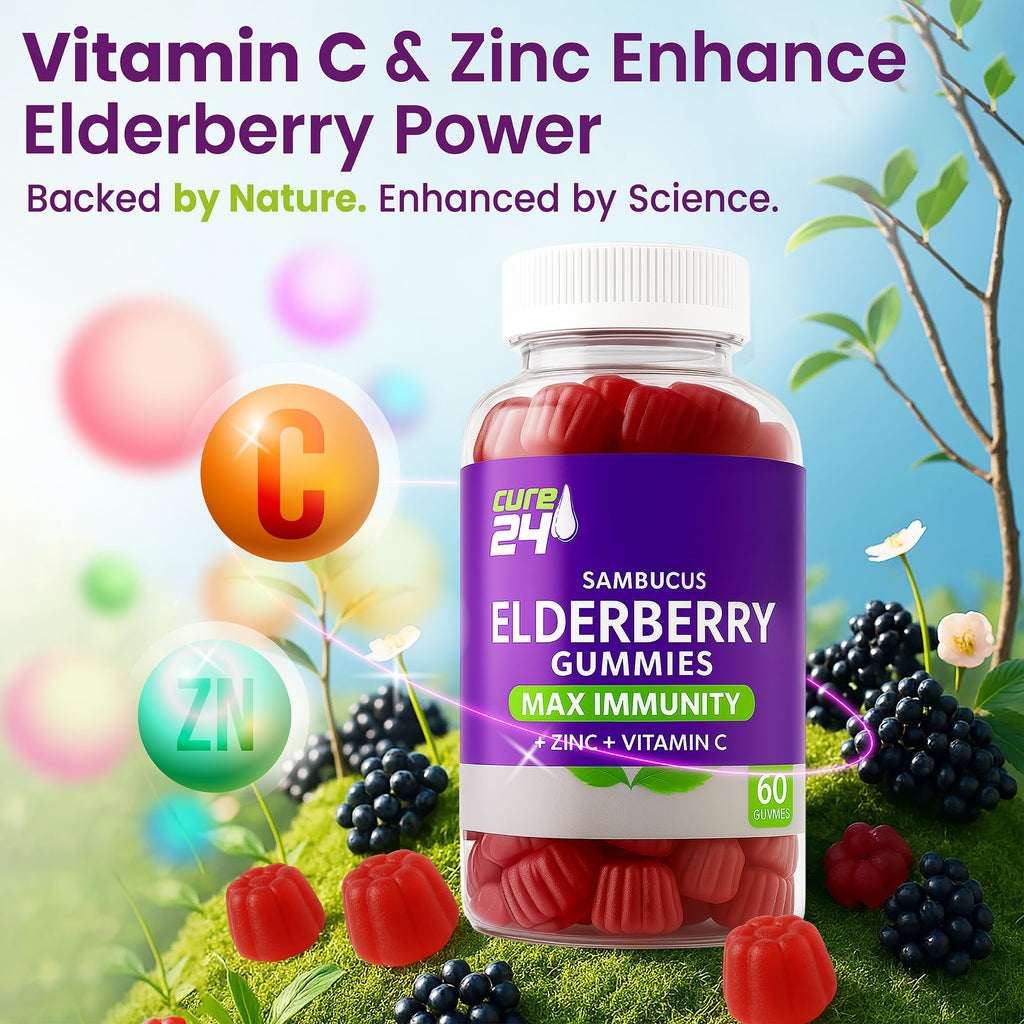 Sambucus Elderberry Gummies + Vitamin C + Zinc for Kids & Adults, X3 Immune Support, Natural Flavors + Ingredients, Vegan, Non-GMO, Made in USA (60)