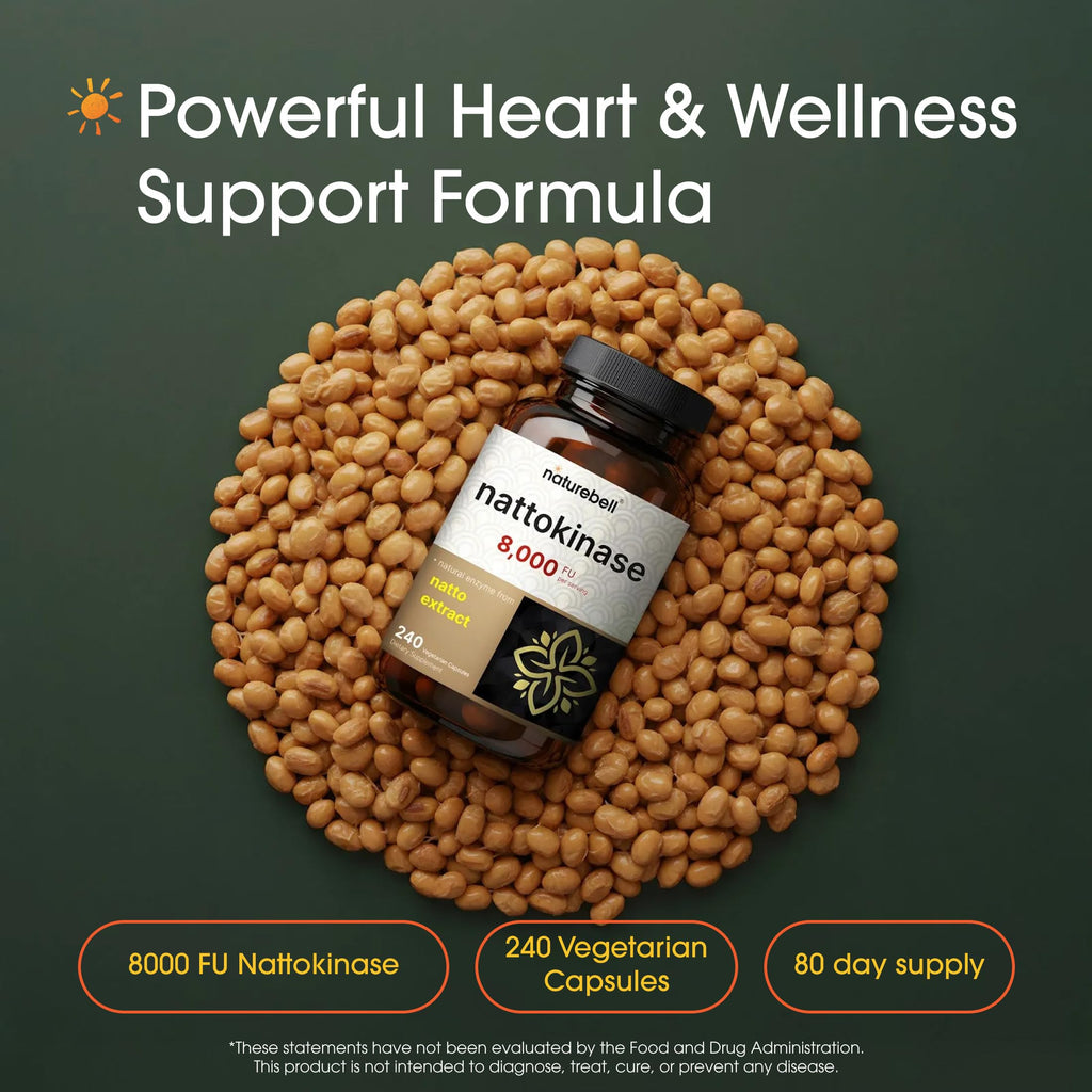 NatureBell Nattokinase - 240 Capsules - 8,000 FU Max Strength from Fermented Natto Extract - for Heart Health, Healthy Circulation & Daily Wellness Support*