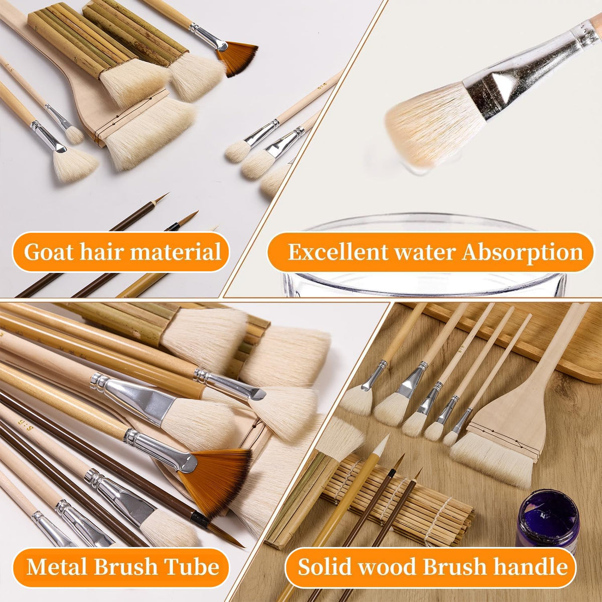 12 PCS Pottery Glaze Brushes Set with Goat Hair & Hake Brush,Professional Soft Bristle for Ceramic, Pottery, Clay, Acrylic Painting