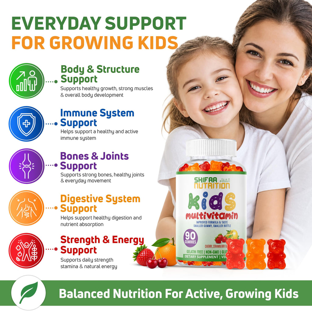 SHIFAA NUTRITION Halal Kids Multivitamin Gummies, 45-90 Days Supply, with All Essential Kids Vitamins. Toddler Vitamins with Vitamin C, D, Zinc, A, E, B6, B12, Biotin | Halal Gummies for Kids