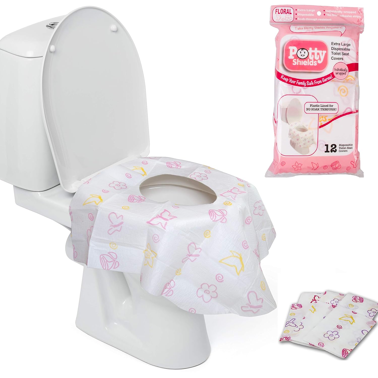Buy now Toilet Seat Covers Disposable (12 Pack, Floral) - XL Waterproof Toilet Cover for Toddlers, Kids & Adults - Portable & Individually Wrapped for Travel, Potty Training & Public Restrooms at indiglob india