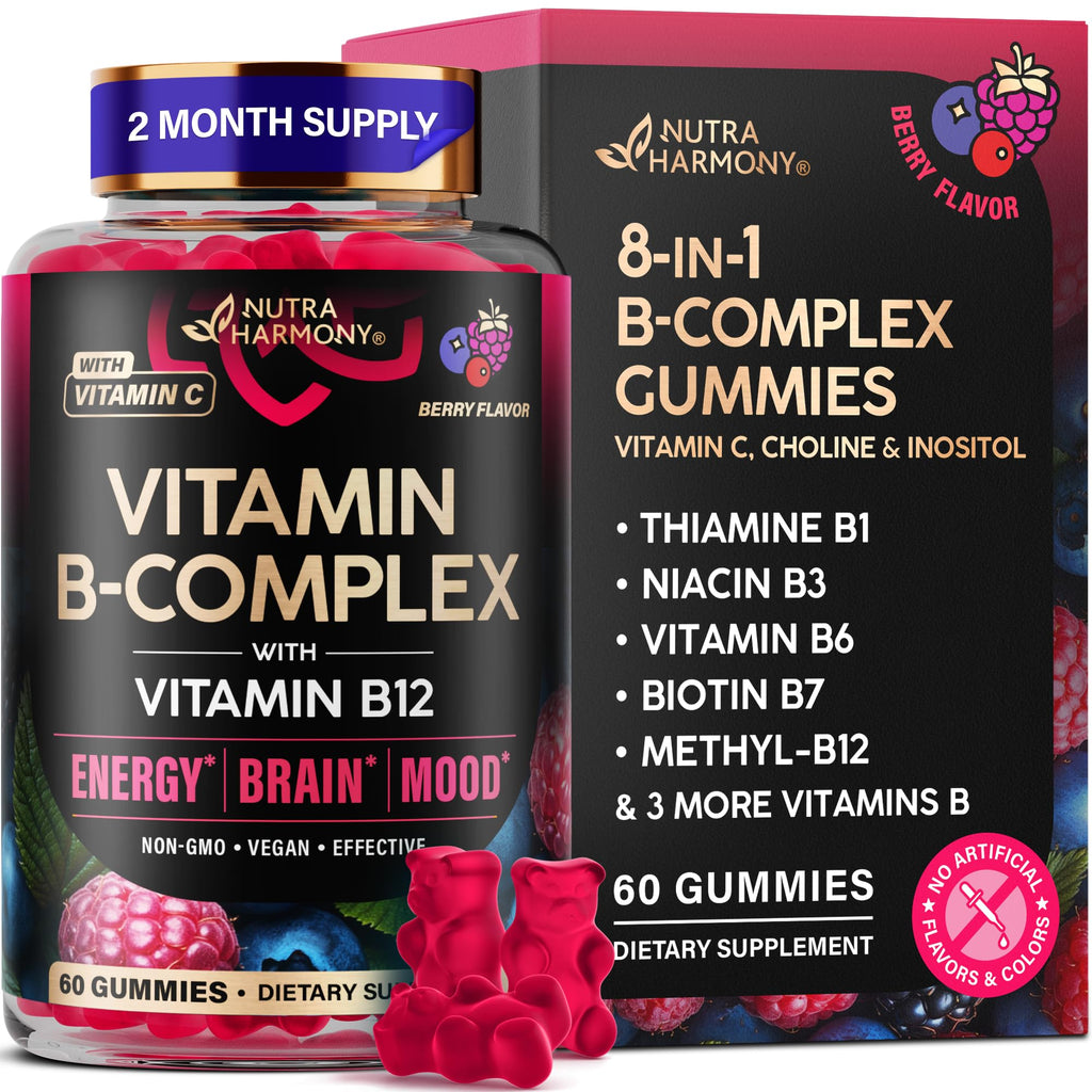 Vitamin B-Complex Gummies for Women & Men - Full B Complex & B12 - 60 Gummy | Vitamin B12, B1, B2, B3, B5, B6, B7 & B9 with Vitamin C & Choline - Energy, Brain & Mood - Natural Berry Flavor, Vegan