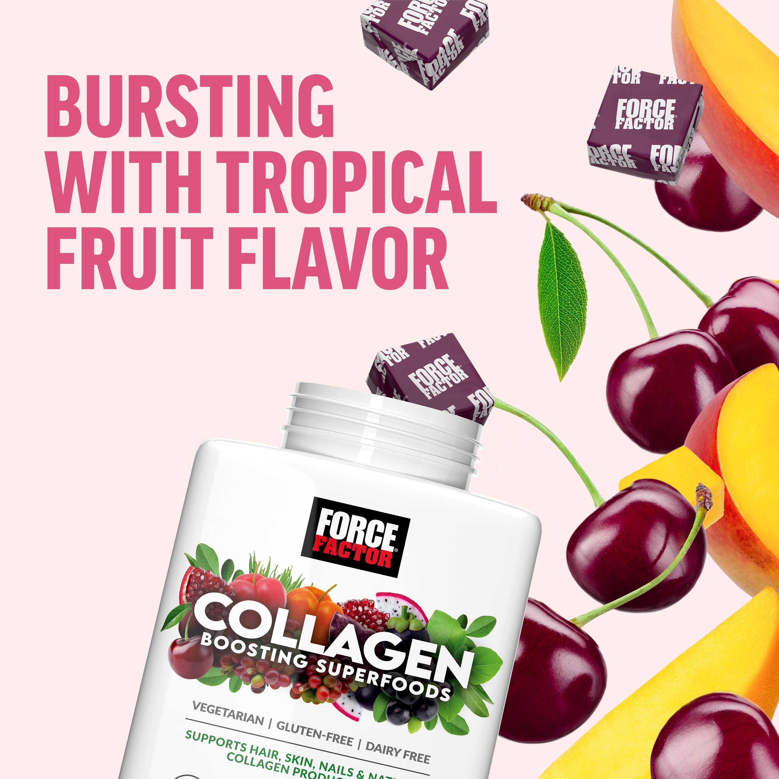Force Factor Collagen Boosting Superfoods, Vegan Collagen Booster for Women | with Biotin, Hyaluronic Acid, and Vitamin C, for Hair, Skin, Nails, & Joint Support, Tropical Fruit, 60 Soft Chews