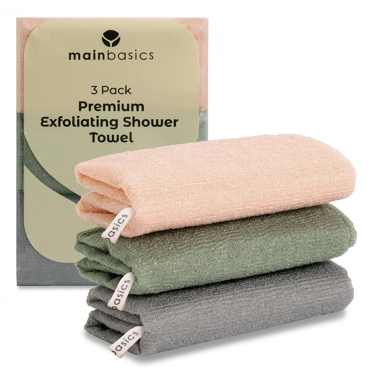 MainBasics Japanese Deep Exfoliating Shower Towel, 3 Pack, Black Ice | Japanese Nylon, Body Washcloth, Textured for Effective Exfoliation, Quick-Dry, Durable, Helps Reveal Smoother Skin