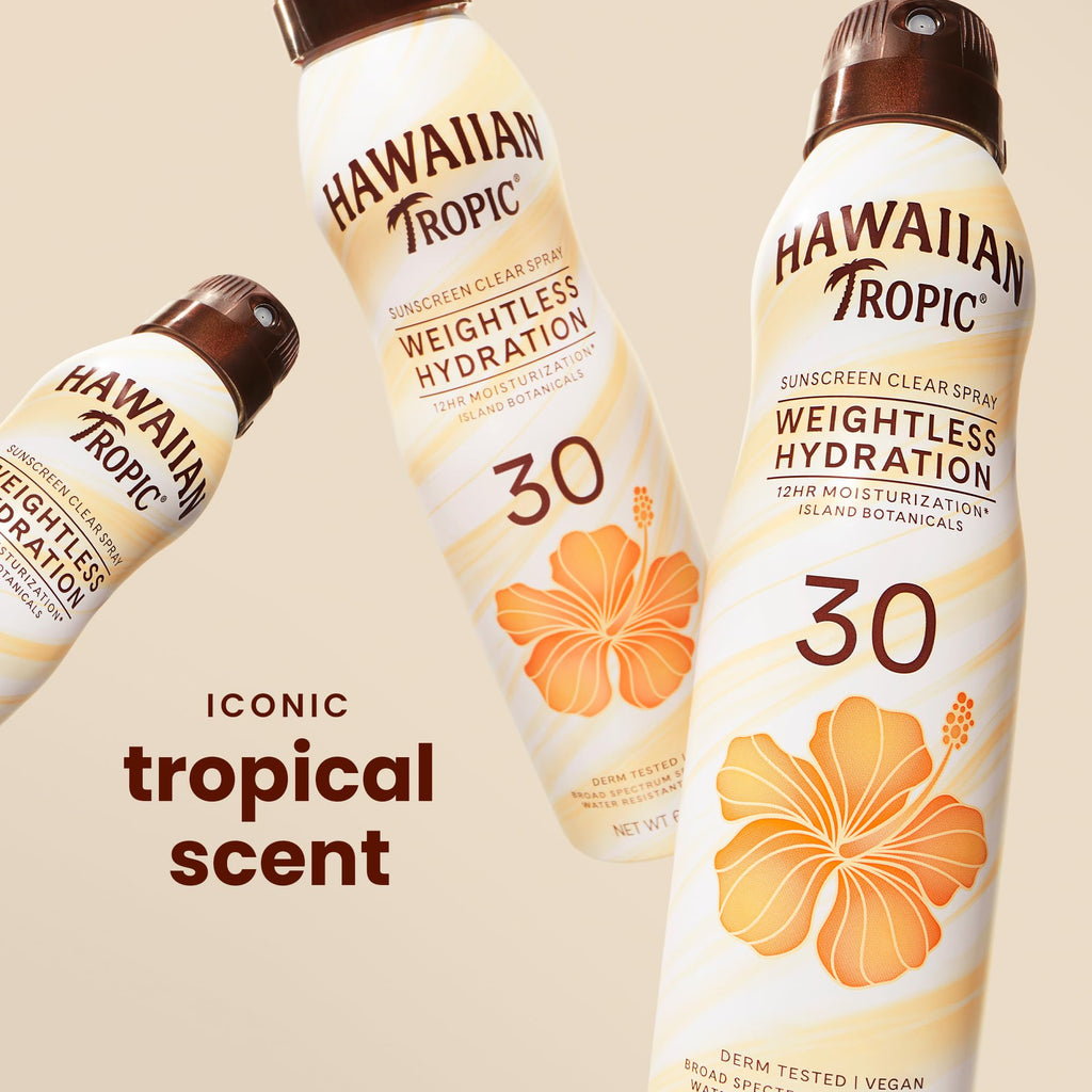 Hawaiian Tropic Weightless Hydration SPF 30 Sunscreen Spray, 6 Oz (2 Pack) | Clear body sunscreen, Lightweight texture, Water resistant sunblock, Continuous spray application, 12 hour hydration