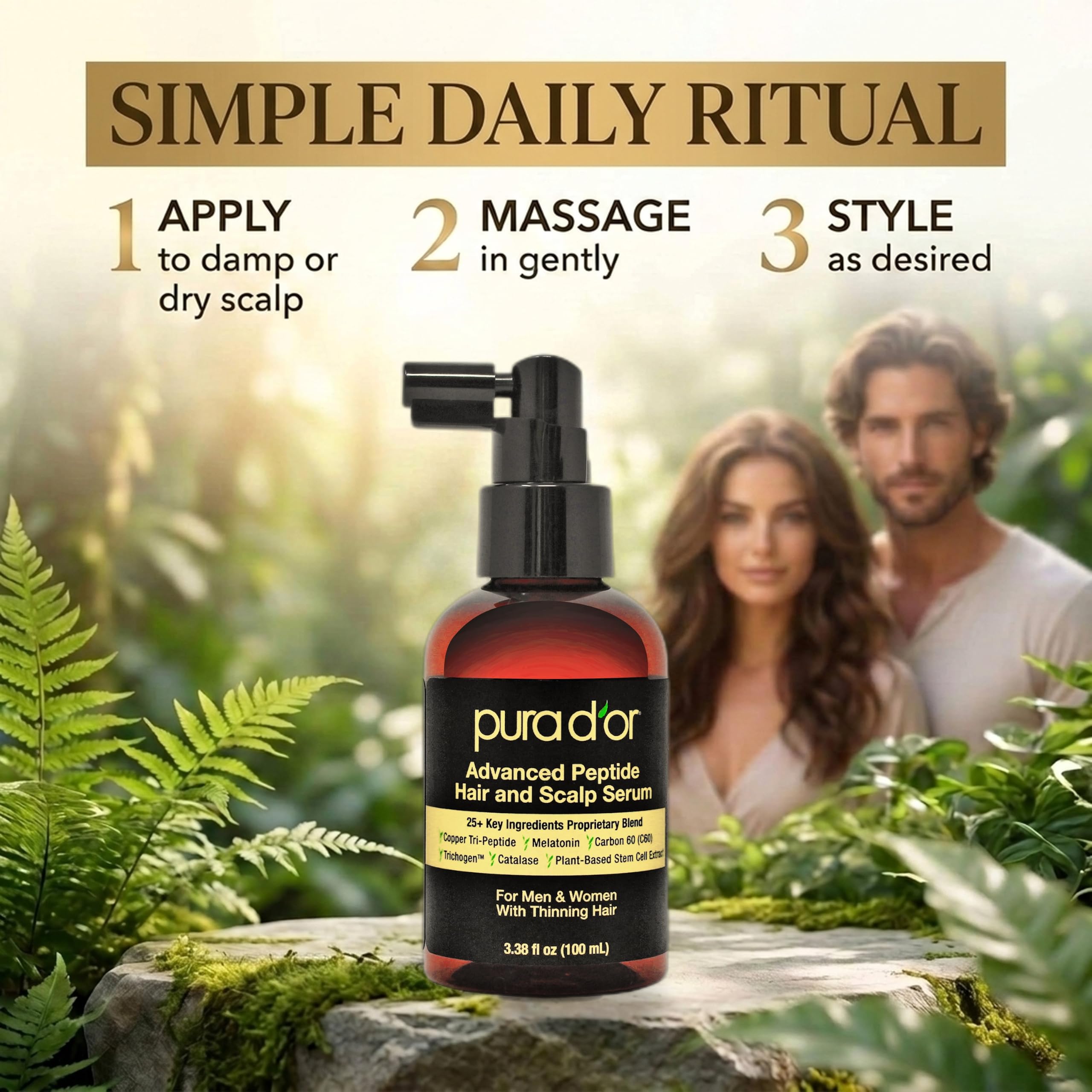 PURA D'OR Advanced Hair & Scalp Serum – For Hair Thinning with Copper Tri-Peptide, Caffeine, Botanical Extract Blend, Fuller Appearance Strands – Vegan, Men & Women 3.3 Oz Ayurvedic Hair Care