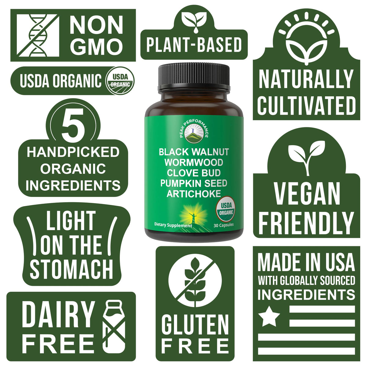 USDA Organic Wormwood Black Walnut Clove Cleanse for Humans Capsules