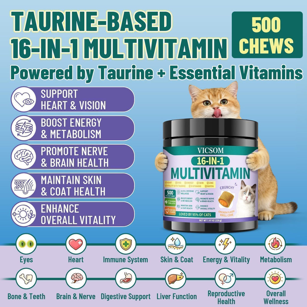VICSOM Taurine for Cats Vitamins Treats, 16 in 1 Cat Multivitamin 500 Ct