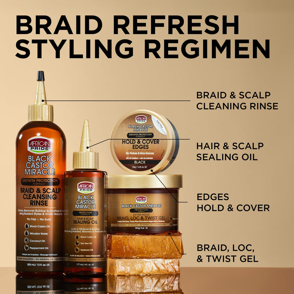African Pride Black Castor Miracle Braid, Loc & Twist Gel, 12 Oz | Extra-hold gel for braids, locs & twists with black castor & coconut oil; smooths frizz, no flaking