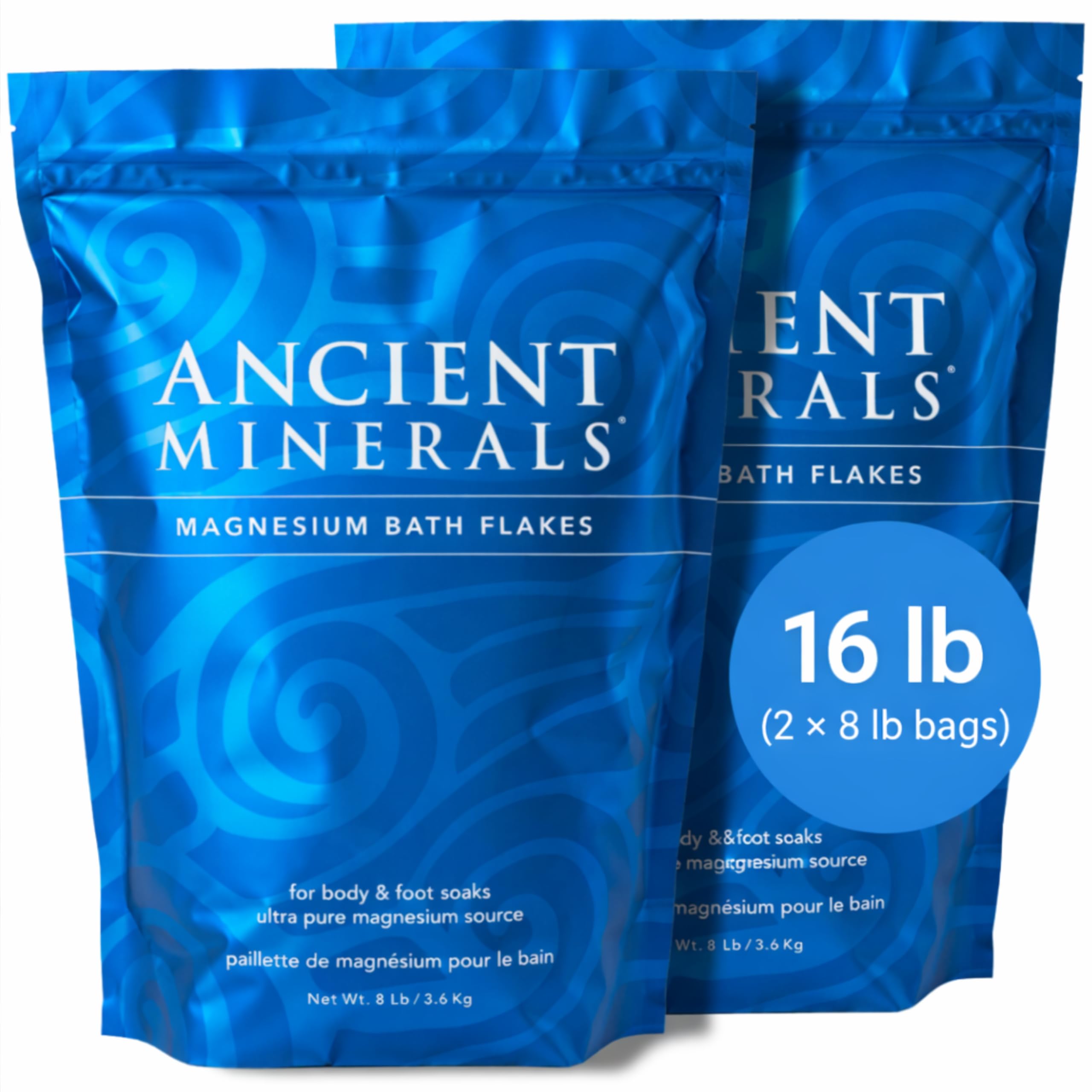 Ancient Minerals Magnesium Bath Flakes, Epsom Salt Alternative, 1.65lb | Pure Zechstein magnesium chloride flakes for soaking & whole-body replenishment. 1.65 lb resealable bag.