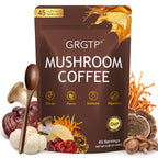 GRGTP Mushroom Coffee - Superfood Blend with 6 Adaptogens (Cordyceps, Lion's Mane, Reishi Other) | Jitter-Free Energy, Enhanced Focus, Digestion & Immunity Support | 45 Servings, Vegan, Gluten Free, Non-GMO | Smooth Flavor