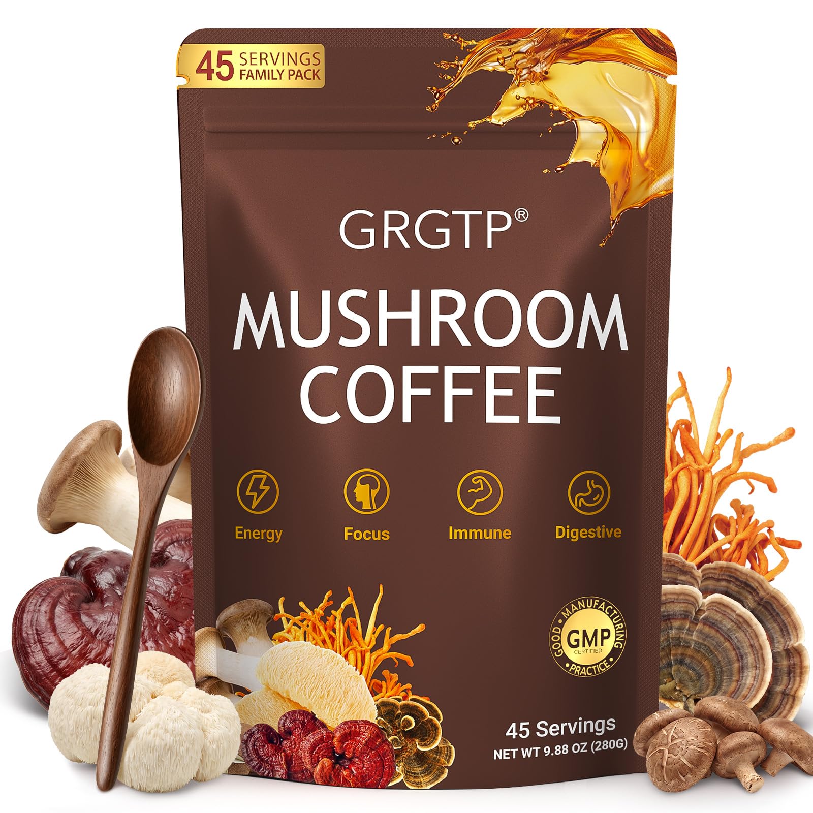 GRGTP Mushroom Coffee - Superfood Blend with 6 Adaptogens (Cordyceps, Lion's Mane, Reishi Other) | Jitter-Free Energy, Enhanced Focus, Digestion & Immunity Support | 45 Servings, Vegan, Gluten Free, Non-GMO | Smooth Flavor
