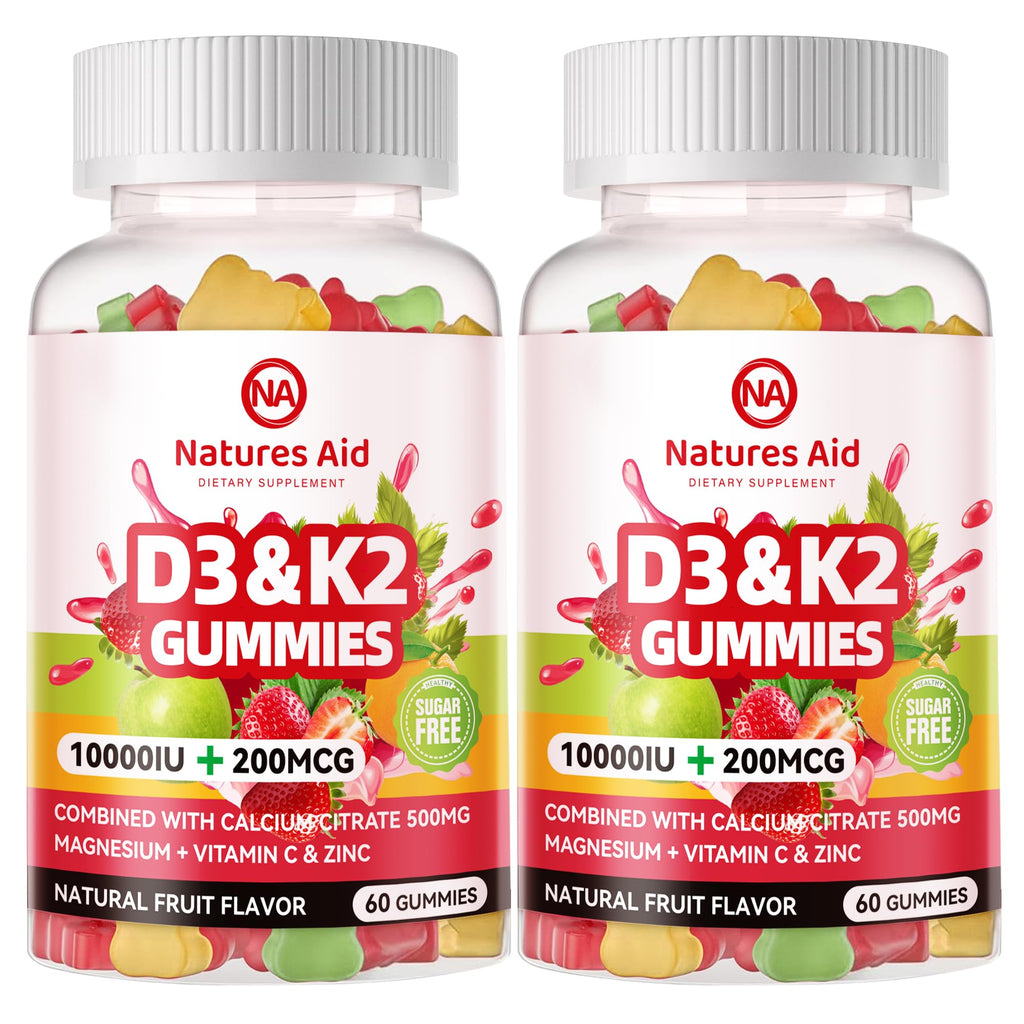 Natures aid Sugar-Free Vitamin D3 K2 Gummies with Calcium + K2 (MK-7), Magnesium Citrate, Vitamin C, Extra Strength - Ultimate Absorption for Bone Muscle Teeth Immune, Vegan - 120 Gummies
