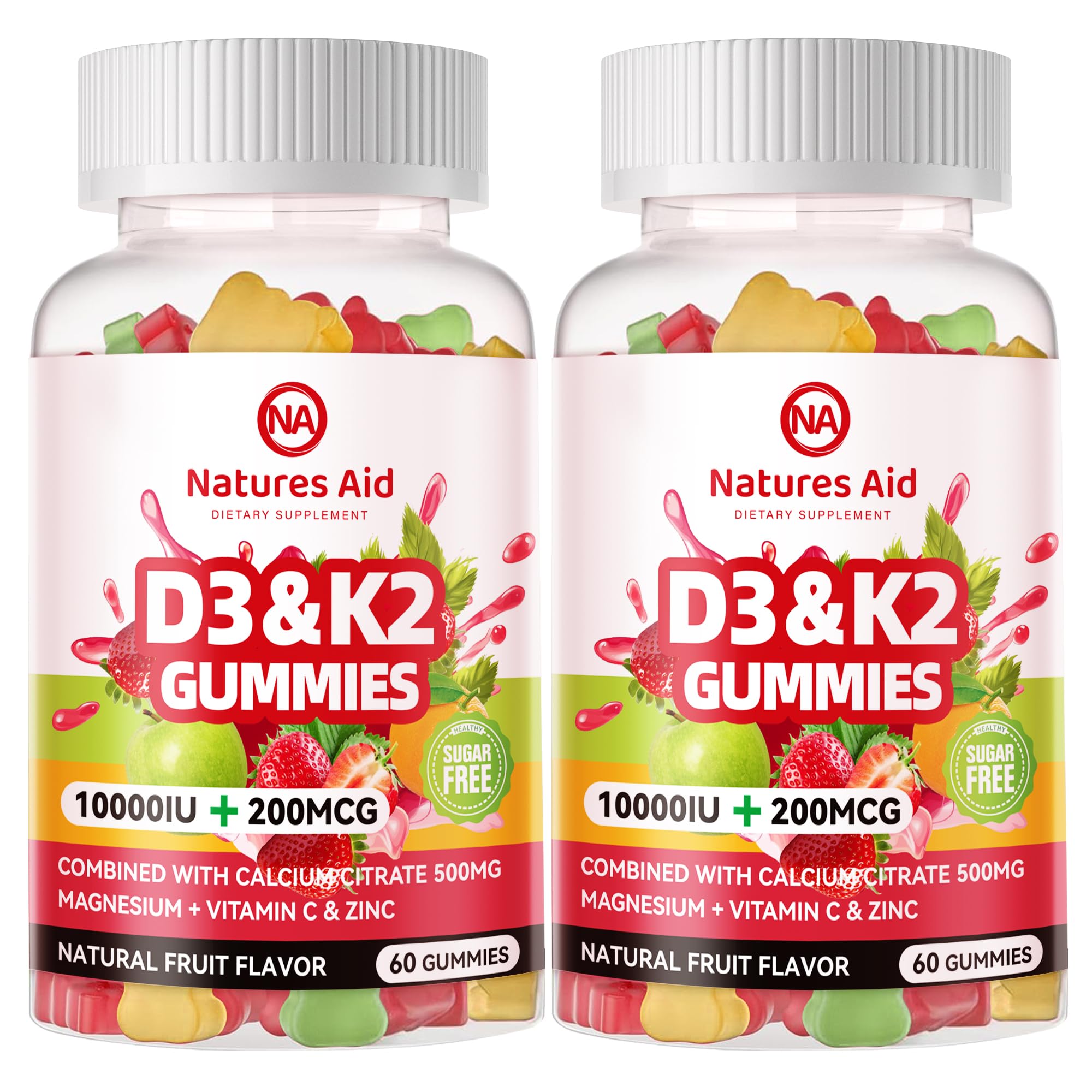 Natures aid Sugar-Free Vitamin D3 K2 Gummies with Calcium + K2 (MK-7), Magnesium Citrate, Vitamin C, Extra Strength - Ultimate Absorption for Bone Muscle Teeth Immune, Vegan - 120 Gummies
